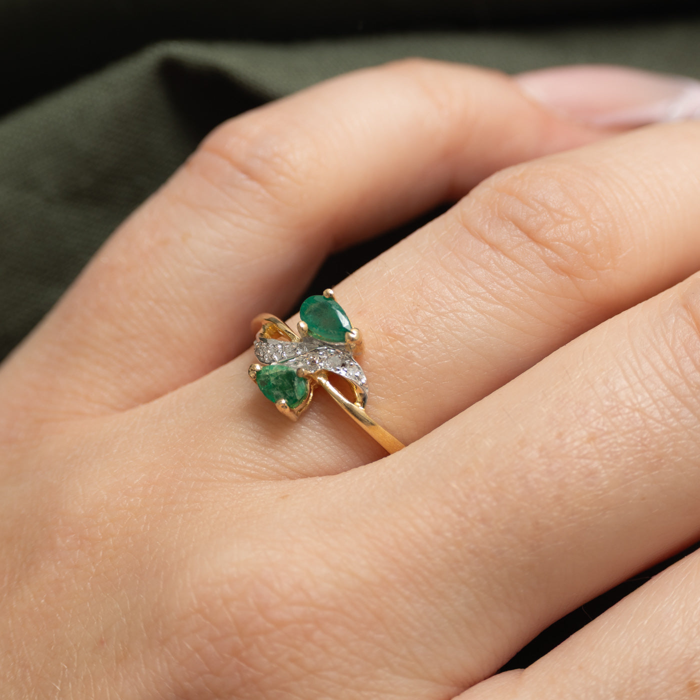 Two Stone Emerald & Diamond Bypass Ring | 0.28ctw, 0.05ctw | SZ 7.5
