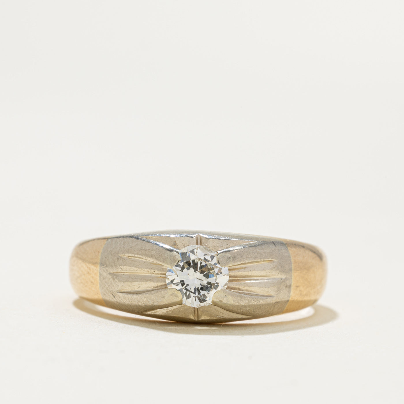 14k Two Tone Solitaire Diamond Engraved Star Dome Ring | 0.48ct I1 K | SZ 8.75