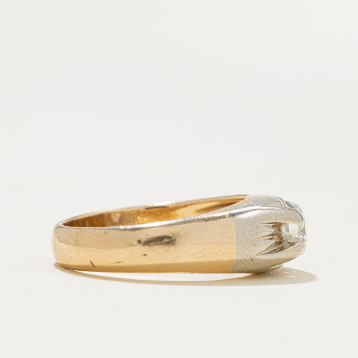 14k Two Tone Solitaire Diamond Engraved Star Dome Ring | 0.48ct I1 K | SZ 8.75