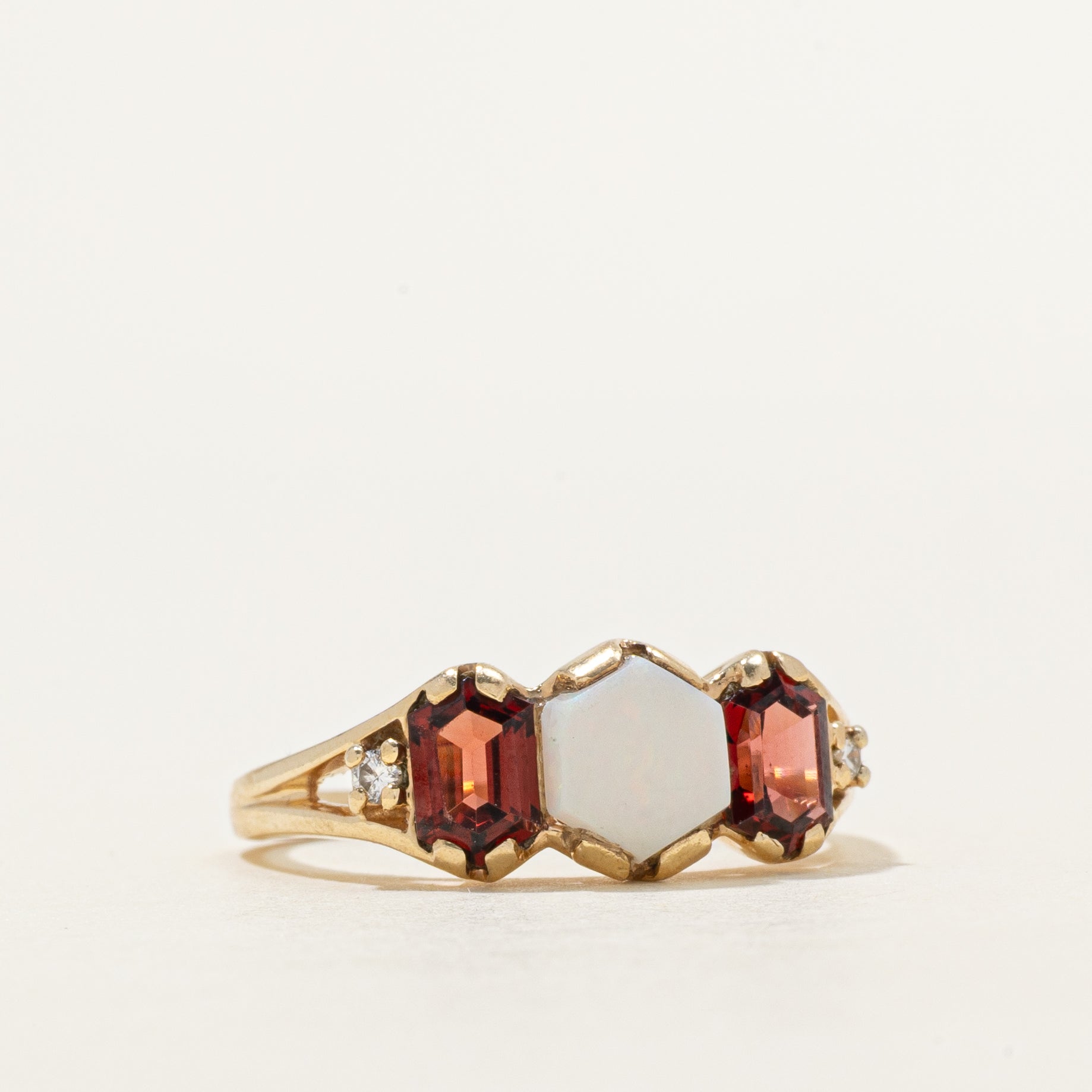Three Stone Garnet, Opal & Diamond Ring | 0.94ctw, 0.41ct | SZ 8