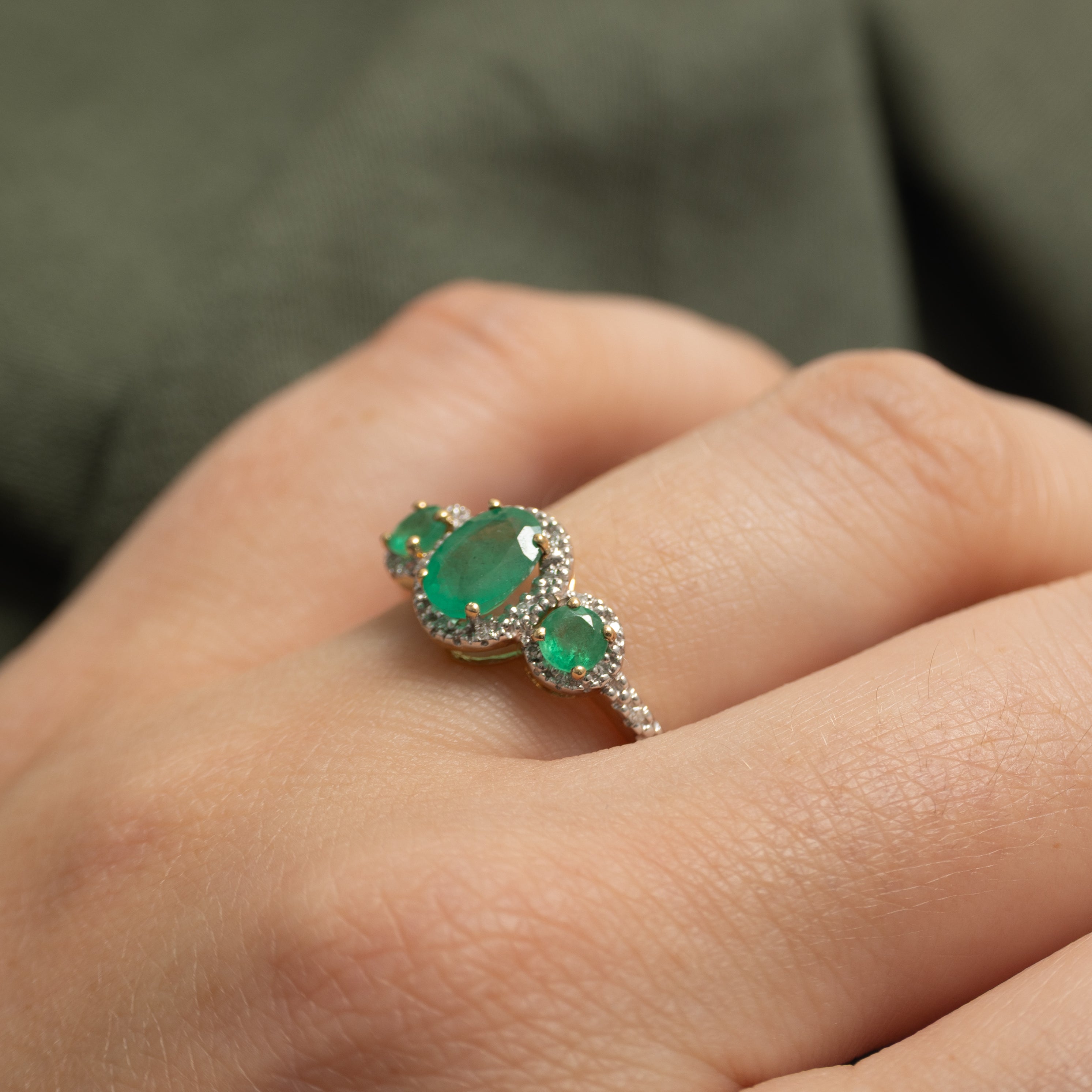 Three Stone Emerald & Diamond Halo Ring | 0.85ctw, 0.06ctw | SZ 7