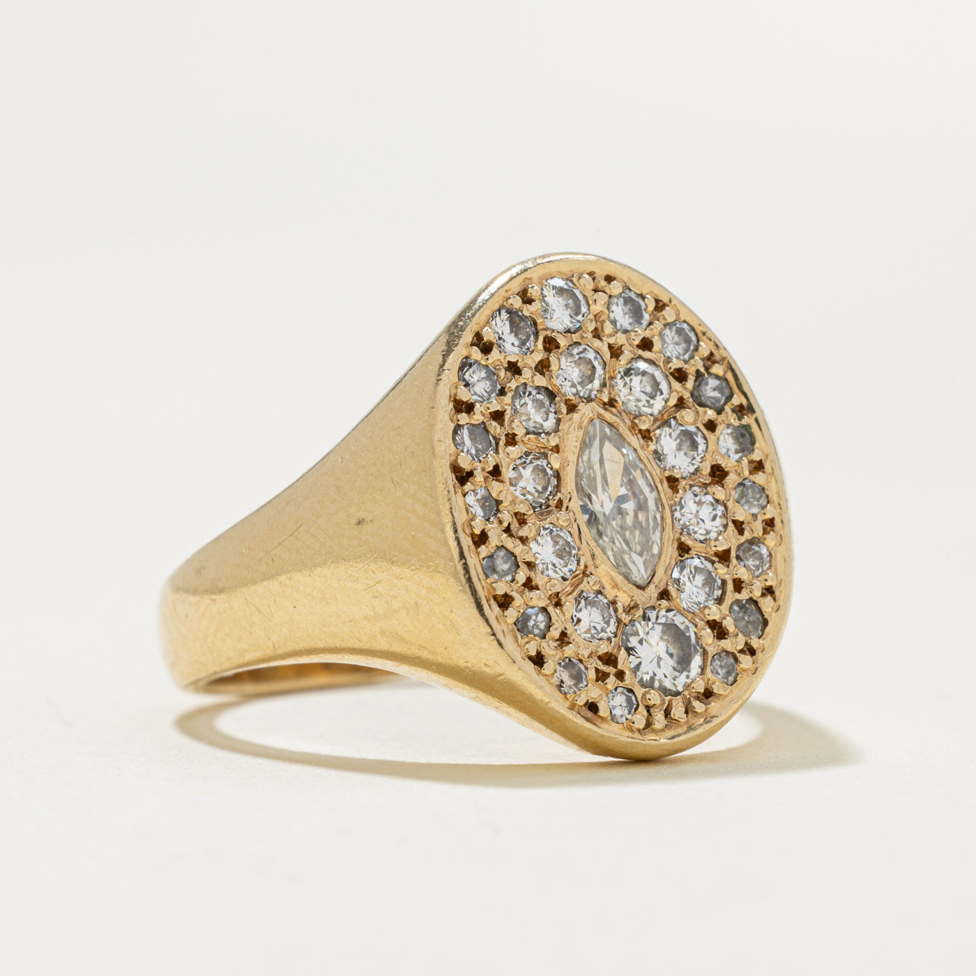 10k Pave Set Marquise Cut Diamond Cluster Signet Ring | 0.79ctw | SZ 8.75