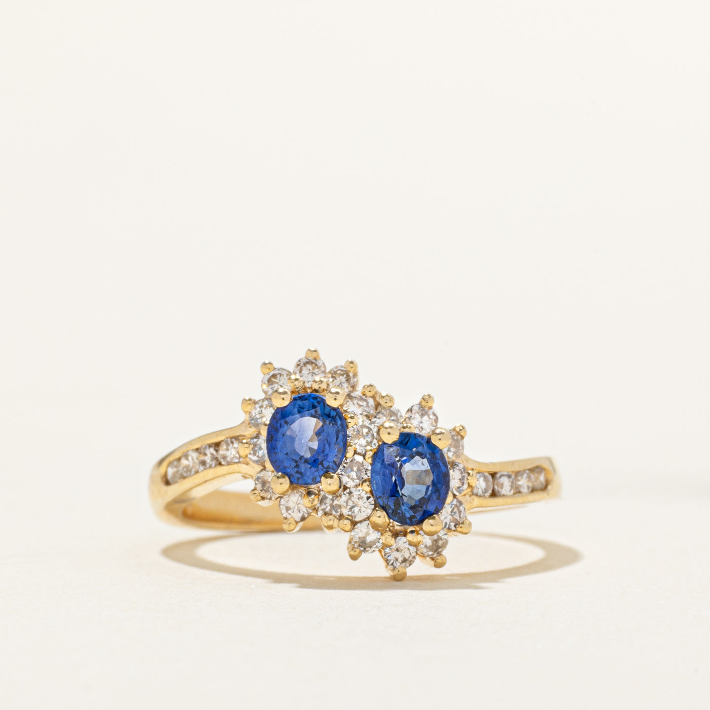 18k Two Stone Sapphire Diamond Petal Halo Bypass Ring SZ