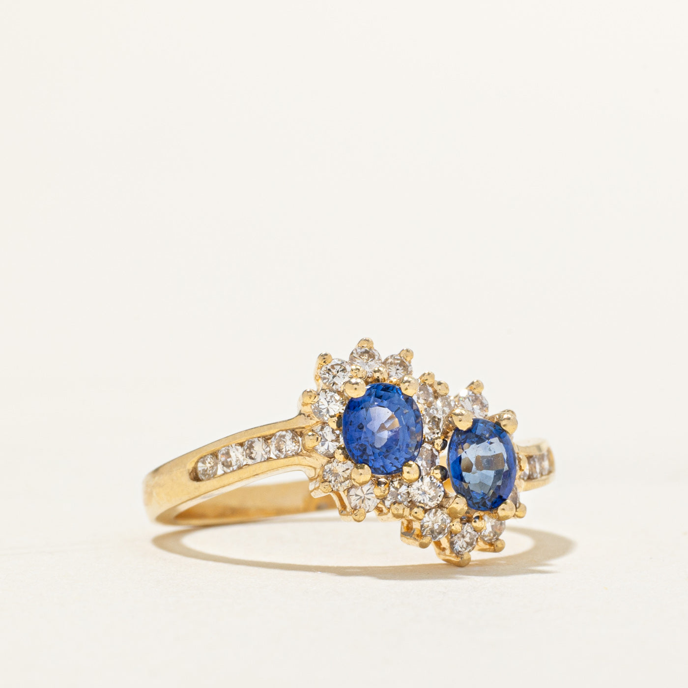 18k Two Stone Sapphire & Diamond Petal Halo Bypass Ring | 0.64ctw, 0.38ctw | SZ 6