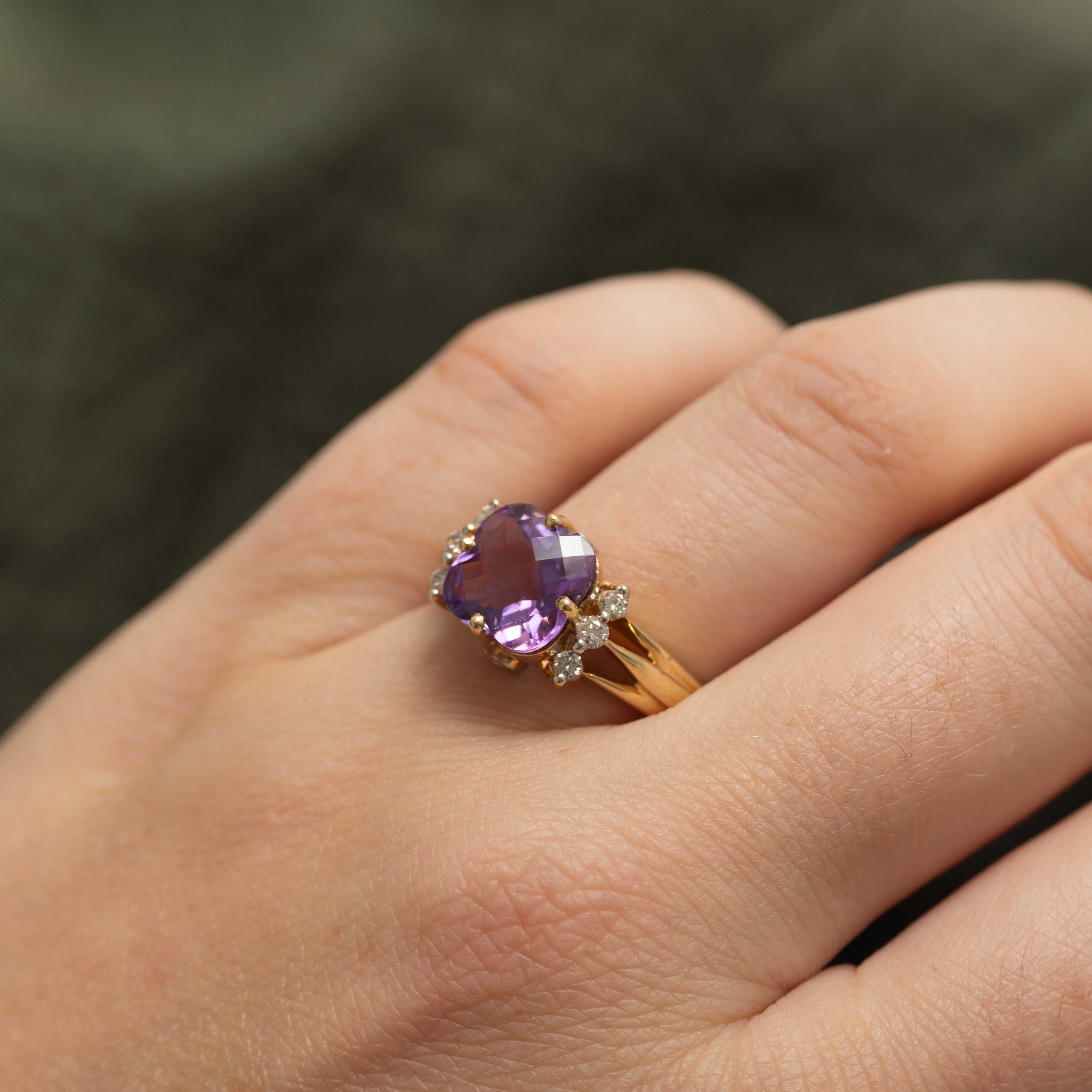 Modified Cushion Cut Amethyst & Diamond Ring | 3.00ct, 0.24ctw | SZ 8