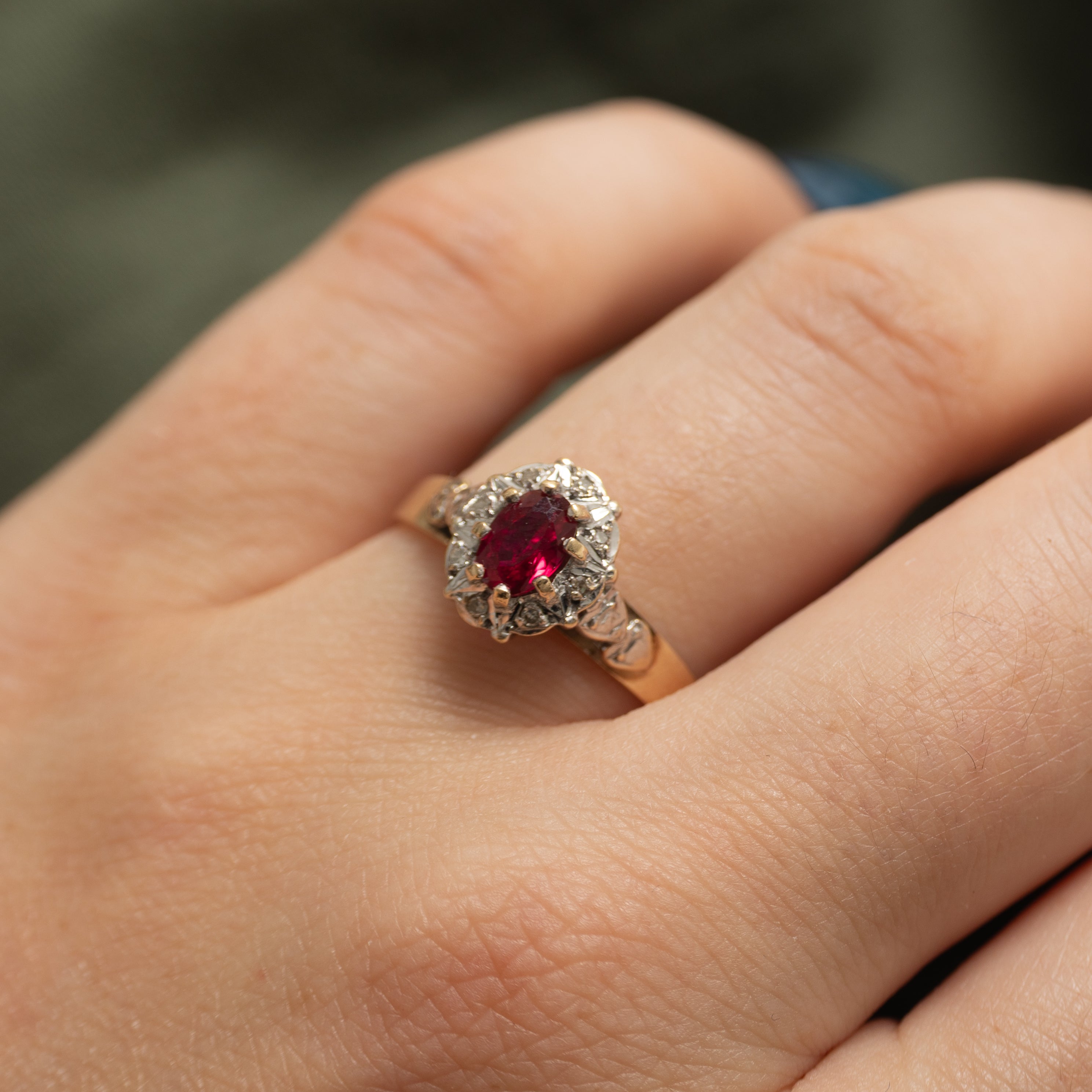 Oval Cut Synthetic Ruby & Natural Diamond Halo Ring | 0.33ct, 0.04ctw | SZ 8.75