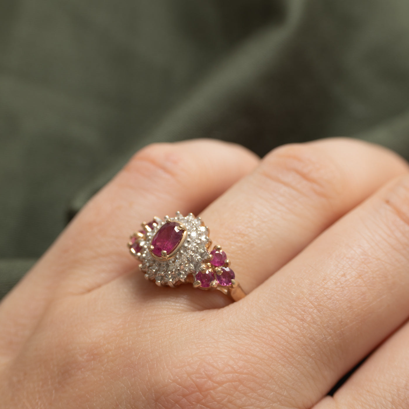Oval Cut Ruby & Diamond Cluster Cocktail Ring | 1.34ctw, 0.18ctw | SZ 7.75