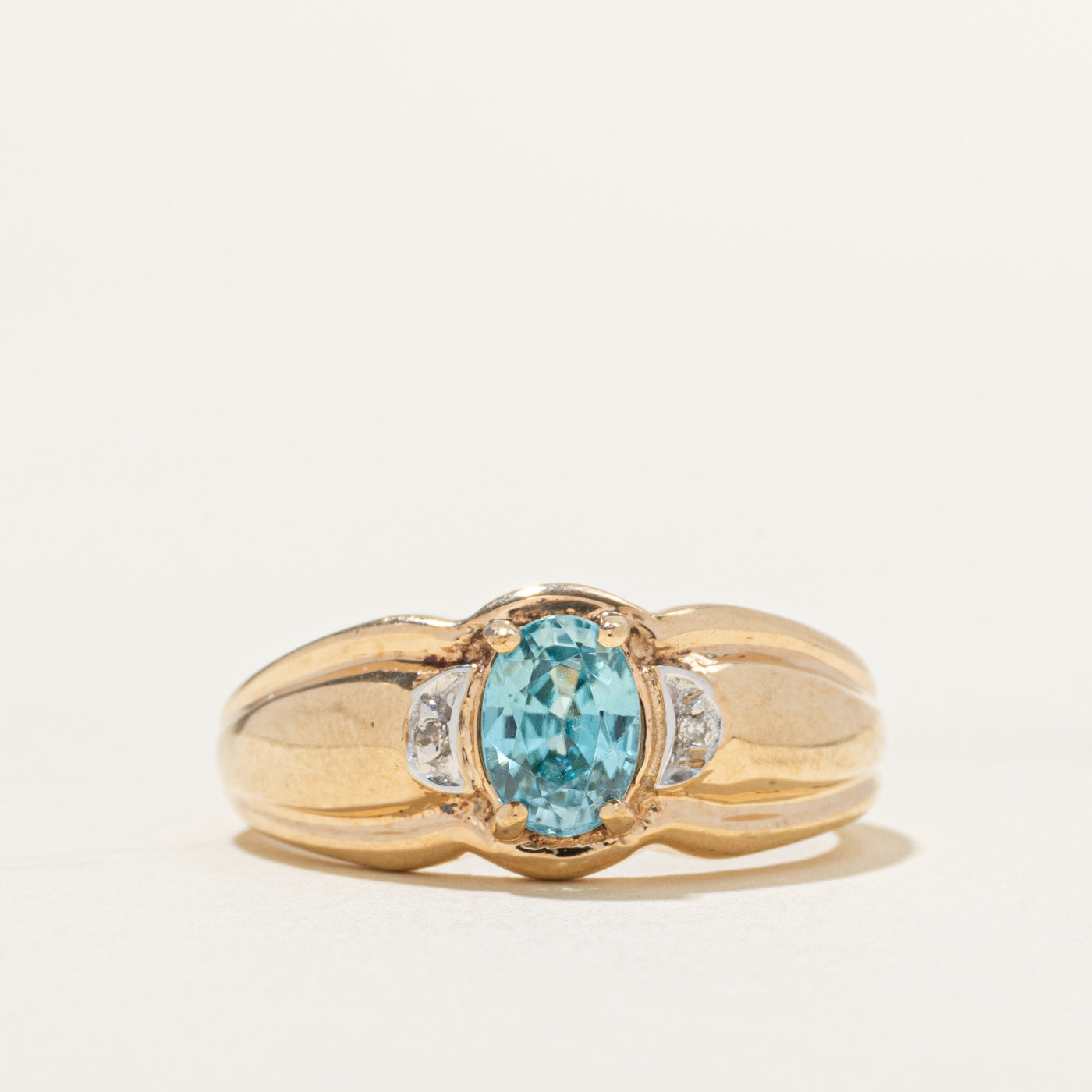 Oval Cut Blue Zircon & Diamond Grooved Ring | 1.35ct, 0.01ct | SZ 8