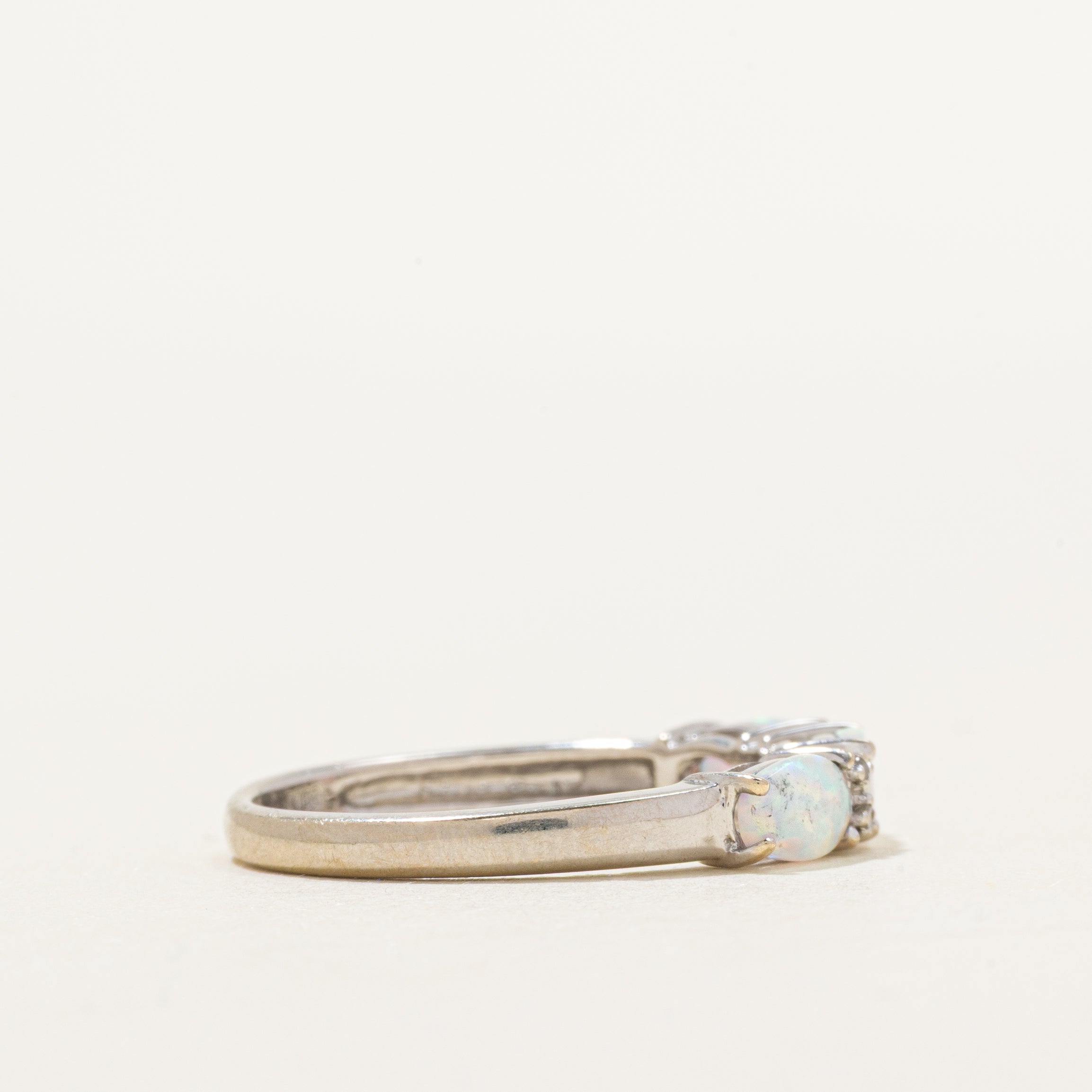 White Gold Three Stone Opal & Diamond Ring | 0.48ctw, 0.004ctw | SZ 7
