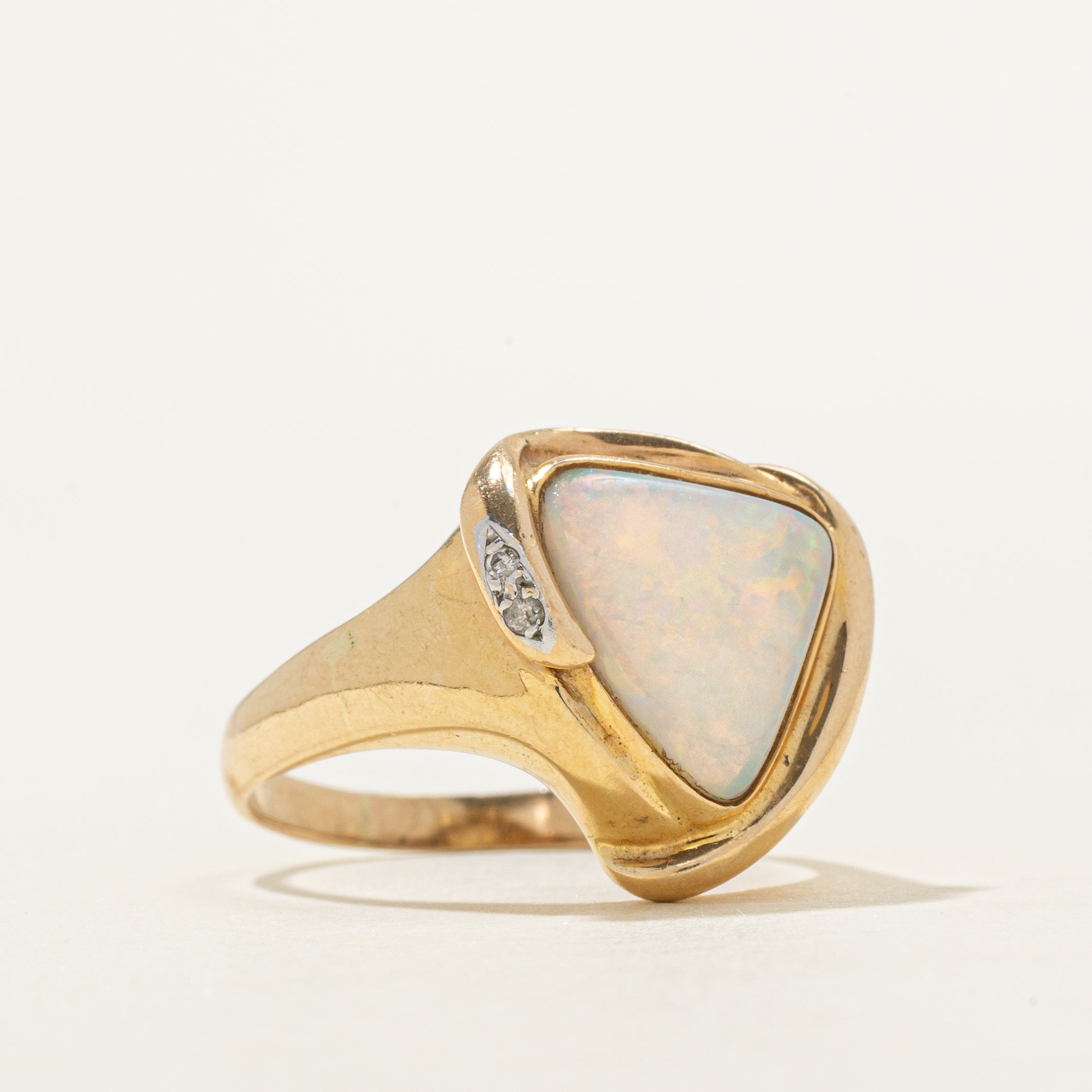 Yellow Gold Opal & Diamond Triangle Ring | 1.35ct, 0.01ctw | SZ 8.75