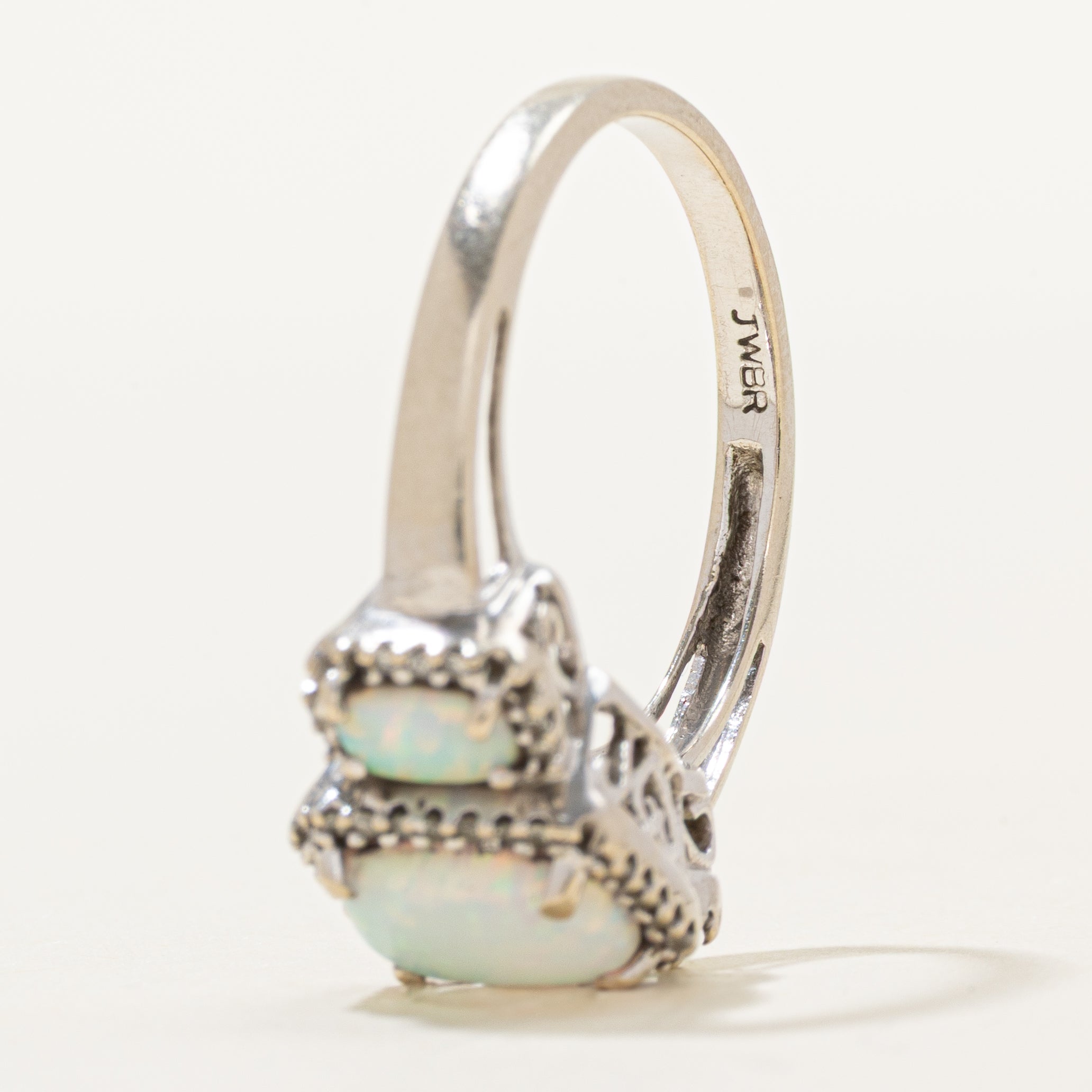 White Gold Three Stone Opal & Diamond Halo Ring | 0.83ctw, 0.04ctw | SZ 7.25