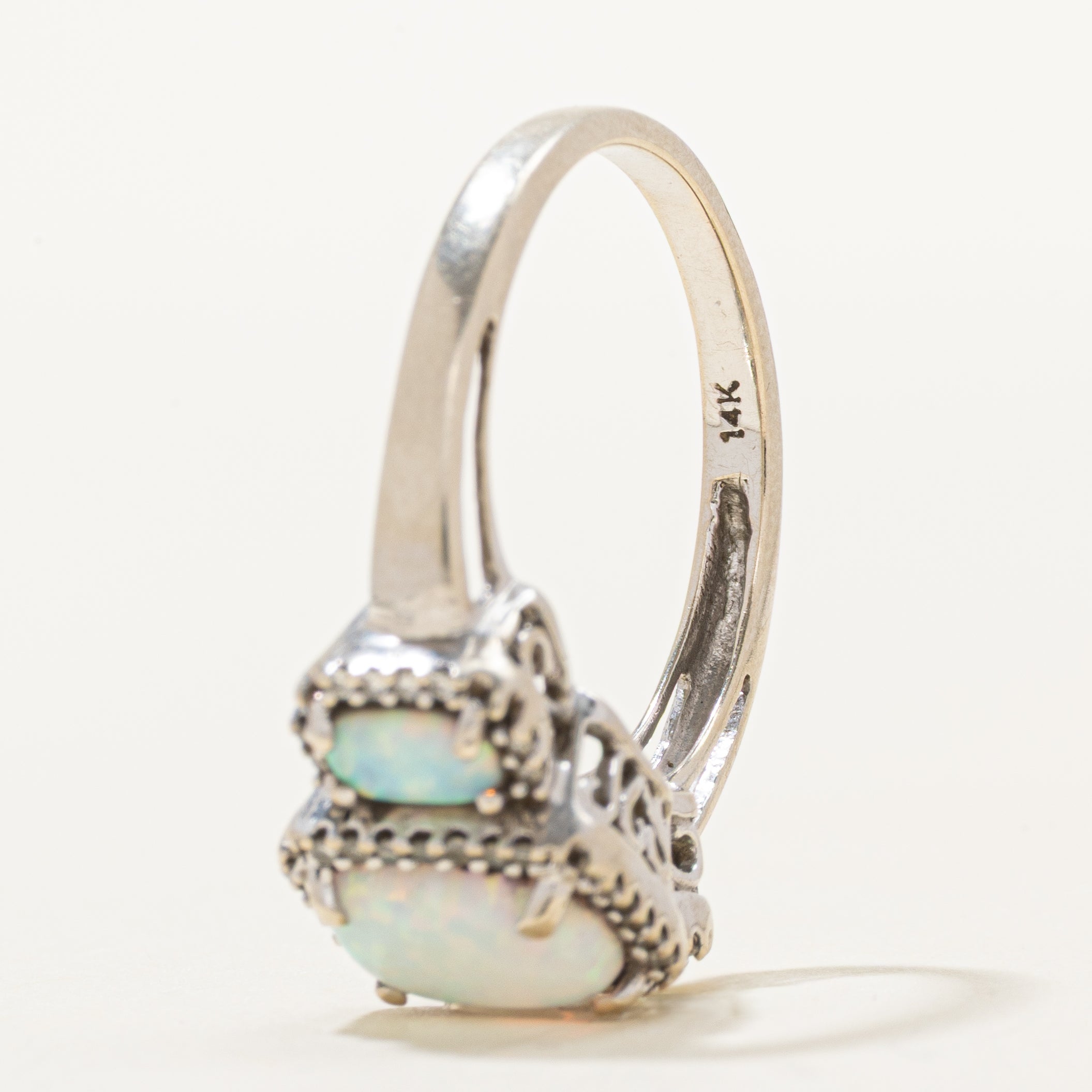 White Gold Three Stone Opal & Diamond Halo Ring | 0.83ctw, 0.04ctw | SZ 7.25