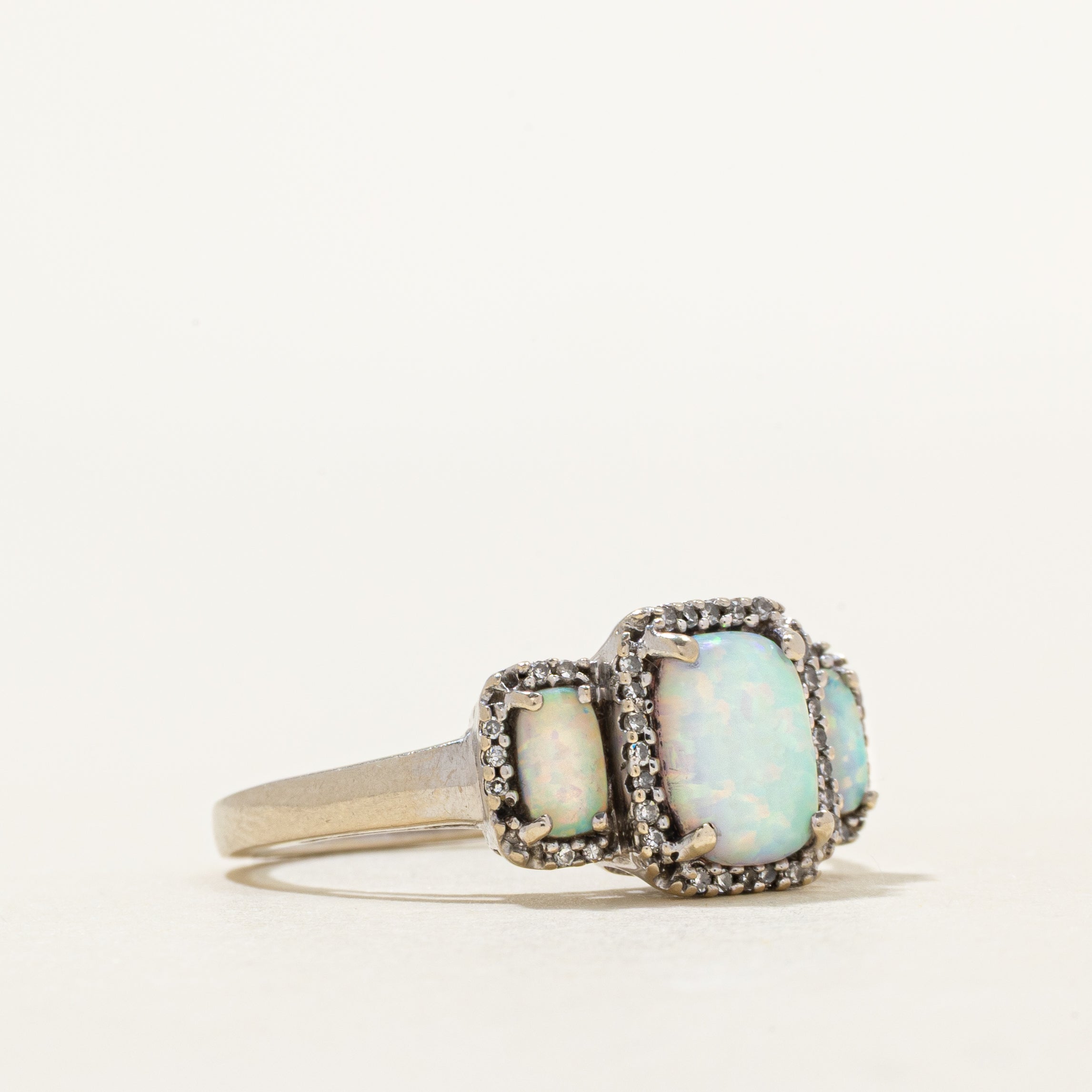 White Gold Three Stone Opal & Diamond Halo Ring | 0.83ctw, 0.04ctw | SZ 7.25