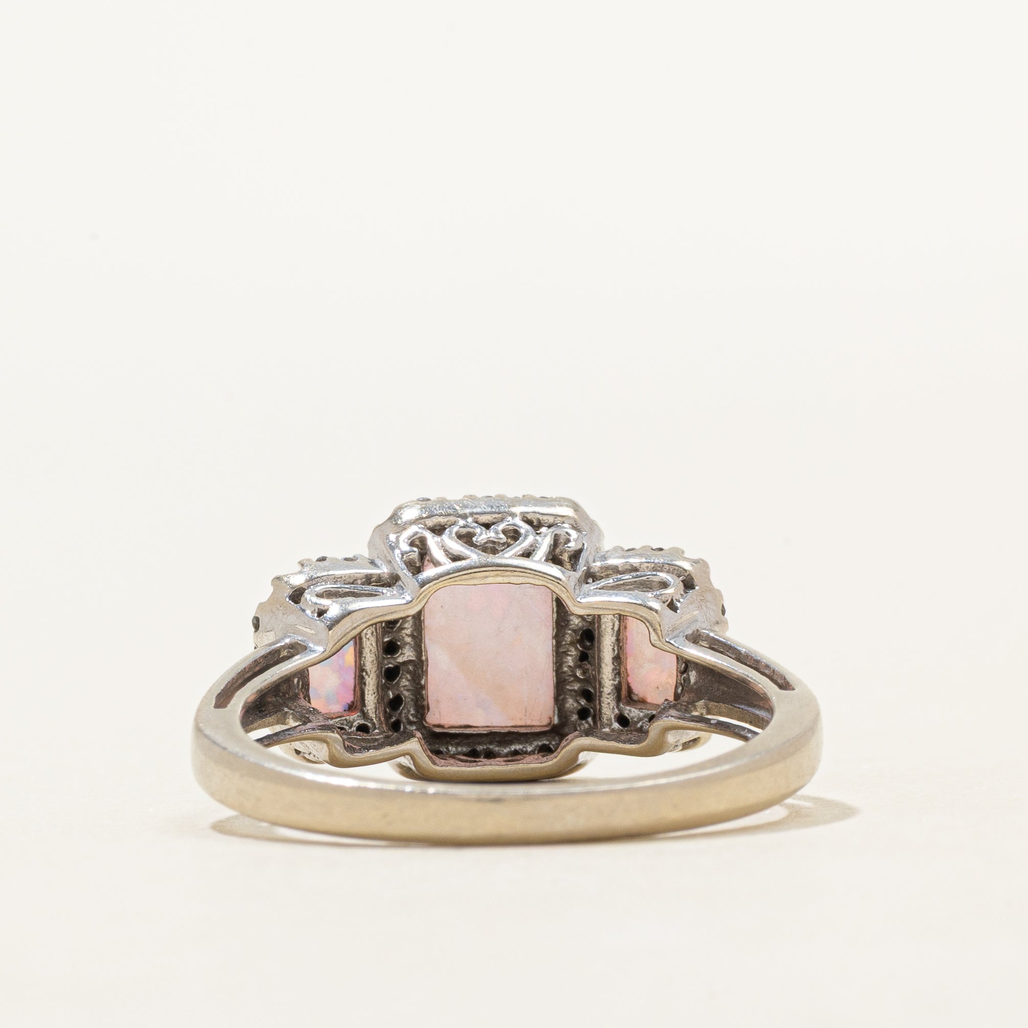 White Gold Three Stone Opal & Diamond Halo Ring | 0.83ctw, 0.04ctw | SZ 7.25
