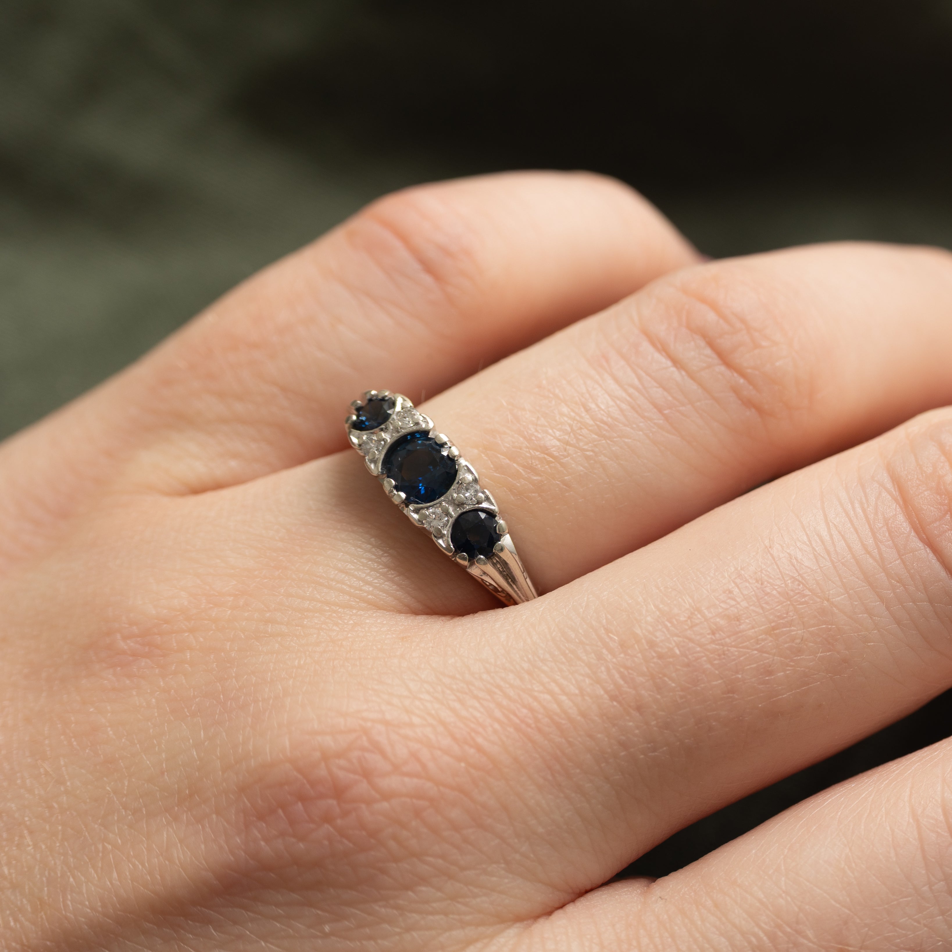 Three Stone Sapphire & Diamond Boat Shaped Ring | 0.7ctw, 0.06ctw | SZ 6.0 |