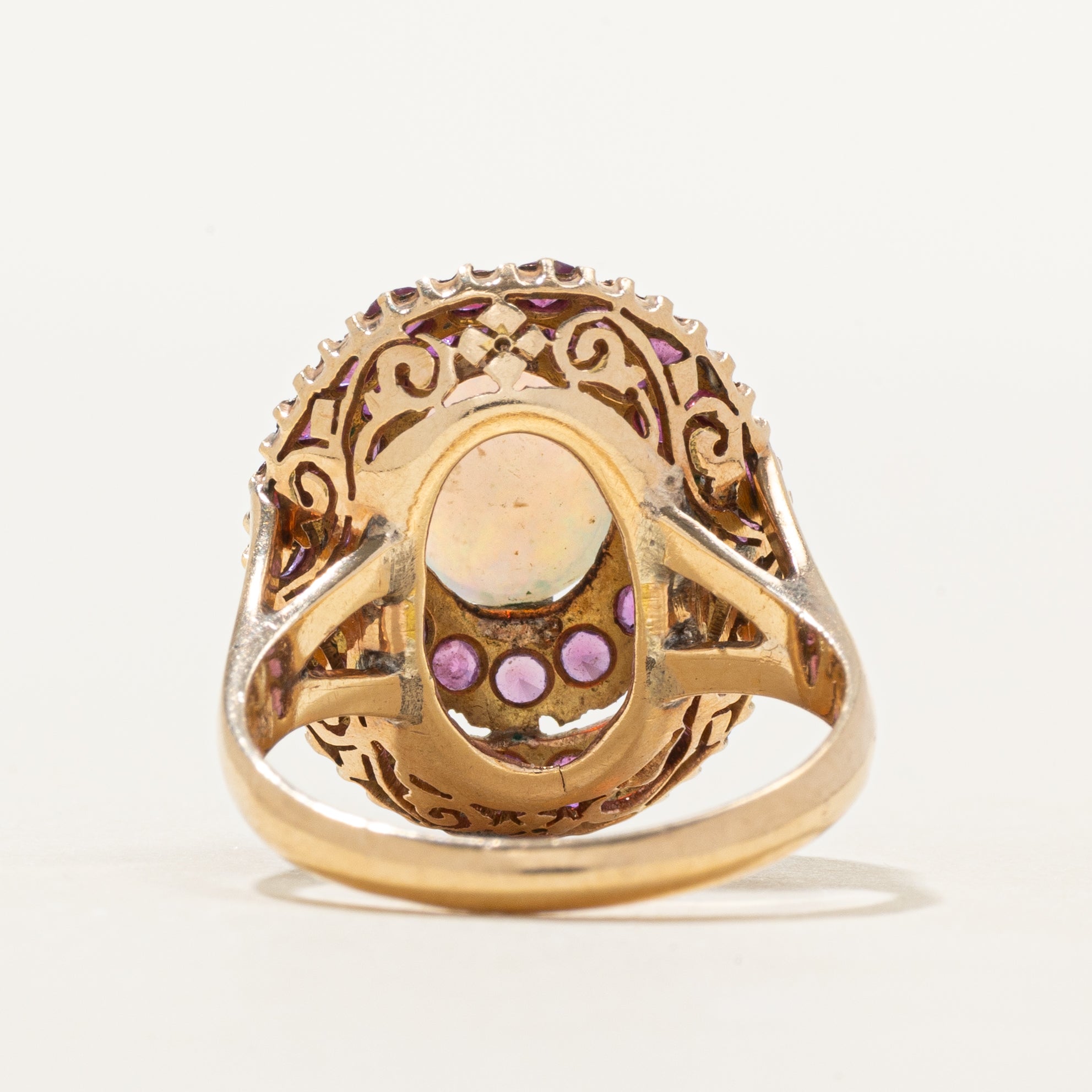 18k Cabochon Opal & Ruby Halo Cocktail Ring | 1.33ct, 0.88ctw | SZ 7.75