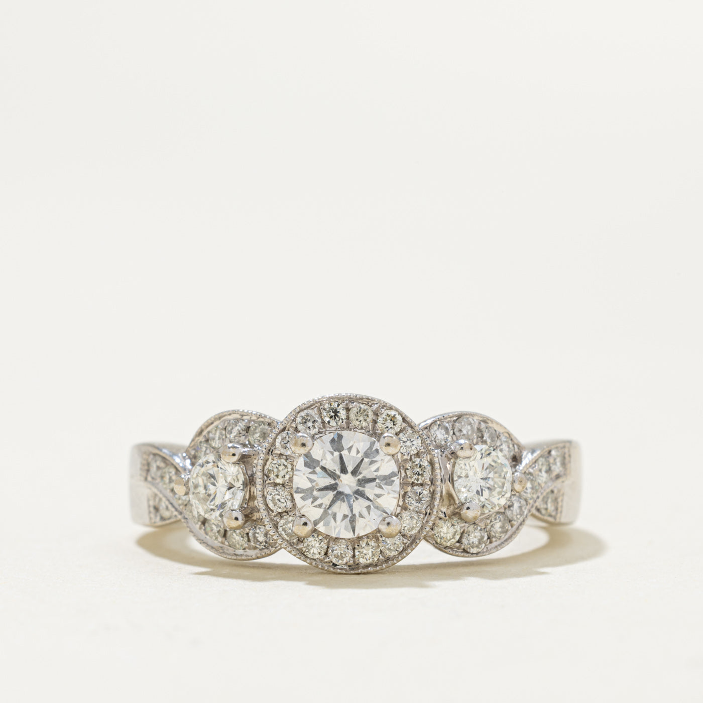 14k Three Stone Diamond Halo Engagement Ring | 0.70ctw | SZ 7.25