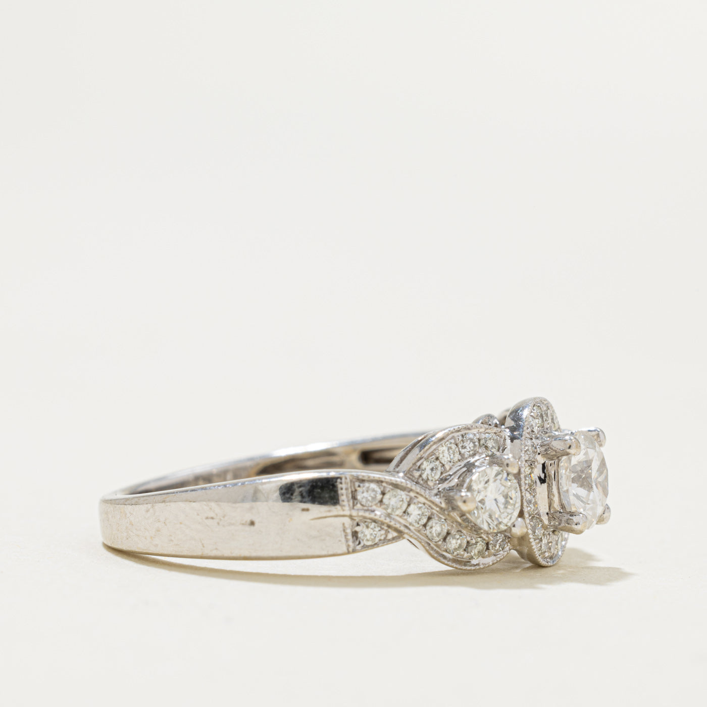 14k Three Stone Diamond Halo Engagement Ring | 0.70ctw | SZ 7.25