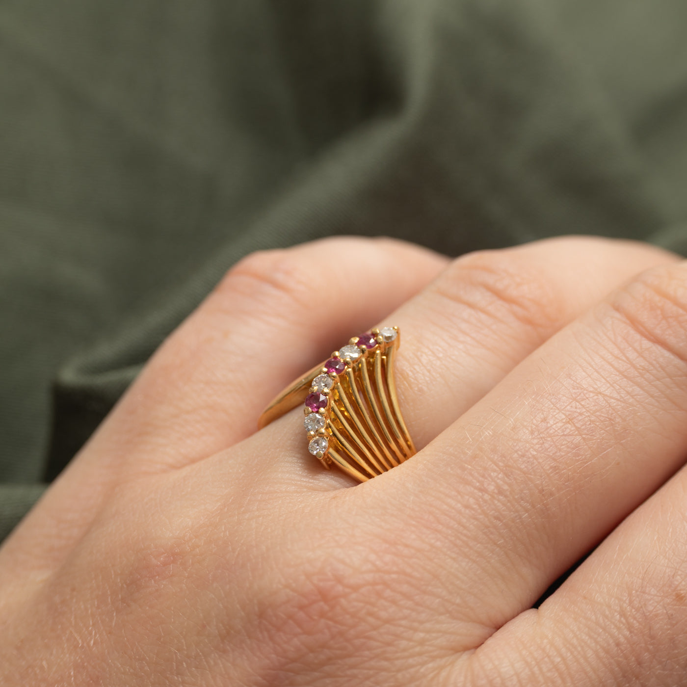 18k Ruby & Diamond Openwork Chevron Ring | 0.16ctw, 0.14ctw | SZ 6.25