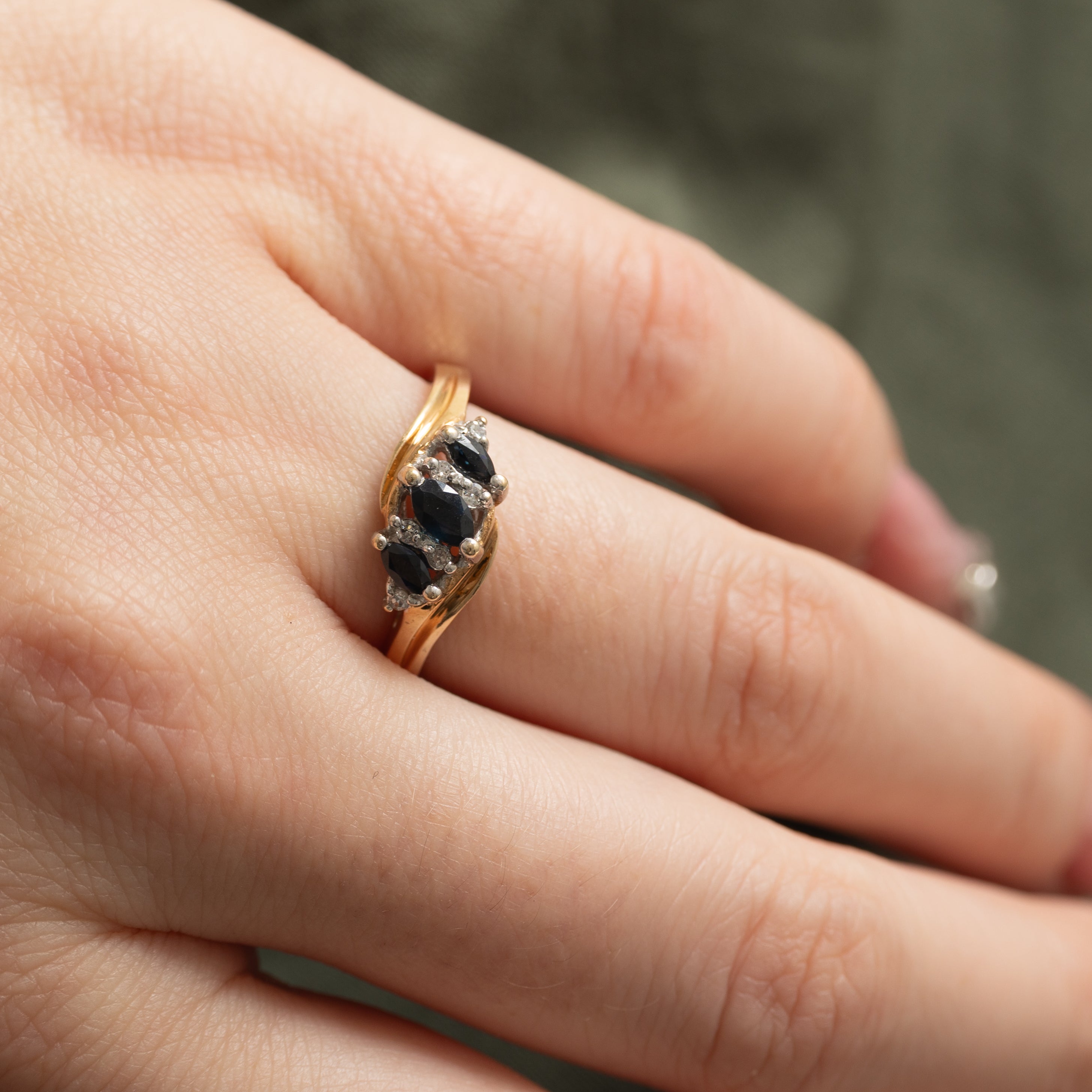 Three Stone Marquise Cut Sapphire & Diamond Bypass Ring | 0/5ctw, 0.03ctw | SZ 7.5 |