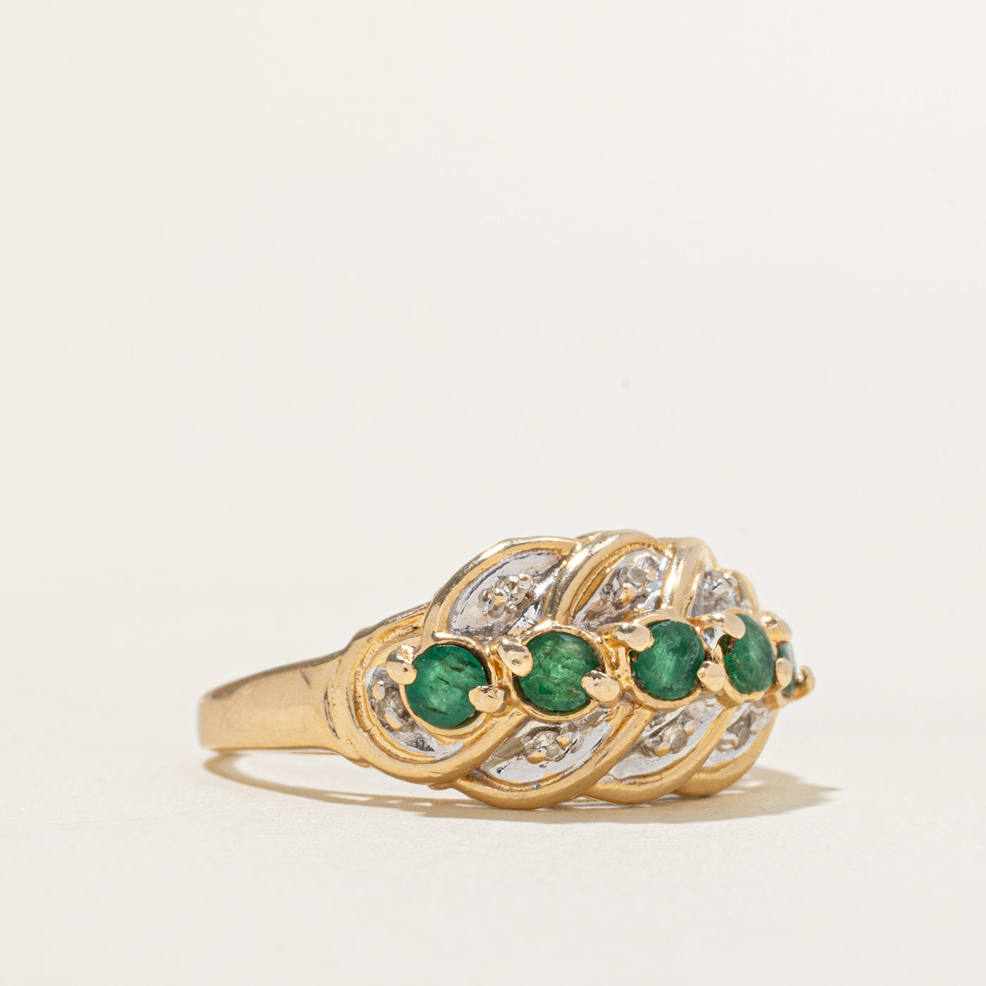 Five Stone Emerald & Diamond Grooved Dome Ring | 0.50ctw, 0.04ctw | SZ 7