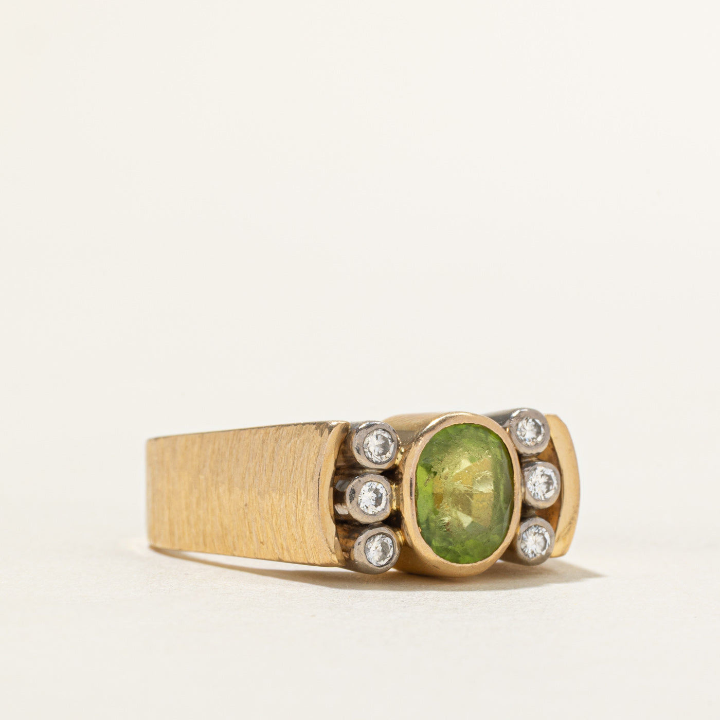 18k Bezel Set Oval Cut Peridot & Diamond Chunky Ring | 2.00ct, 0.12ctw | SZ 8.75
