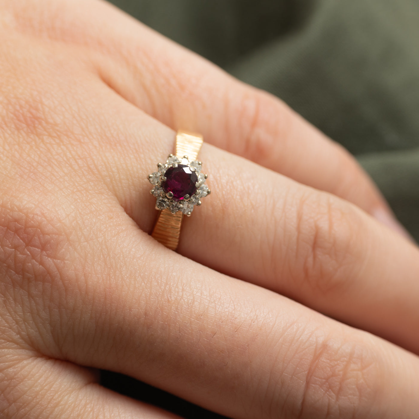 Ruby & Diamond Halo Textured Ring | 0.51ct, 0.18ctw | SZ 6.5