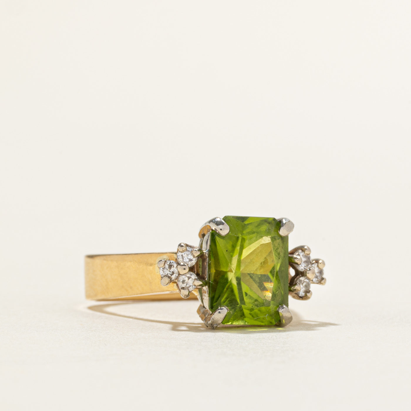 18k Radiant Cut Peridot & Diamond Accented Ring | 3.70ct, 0.12ctw | SZ 6.5
