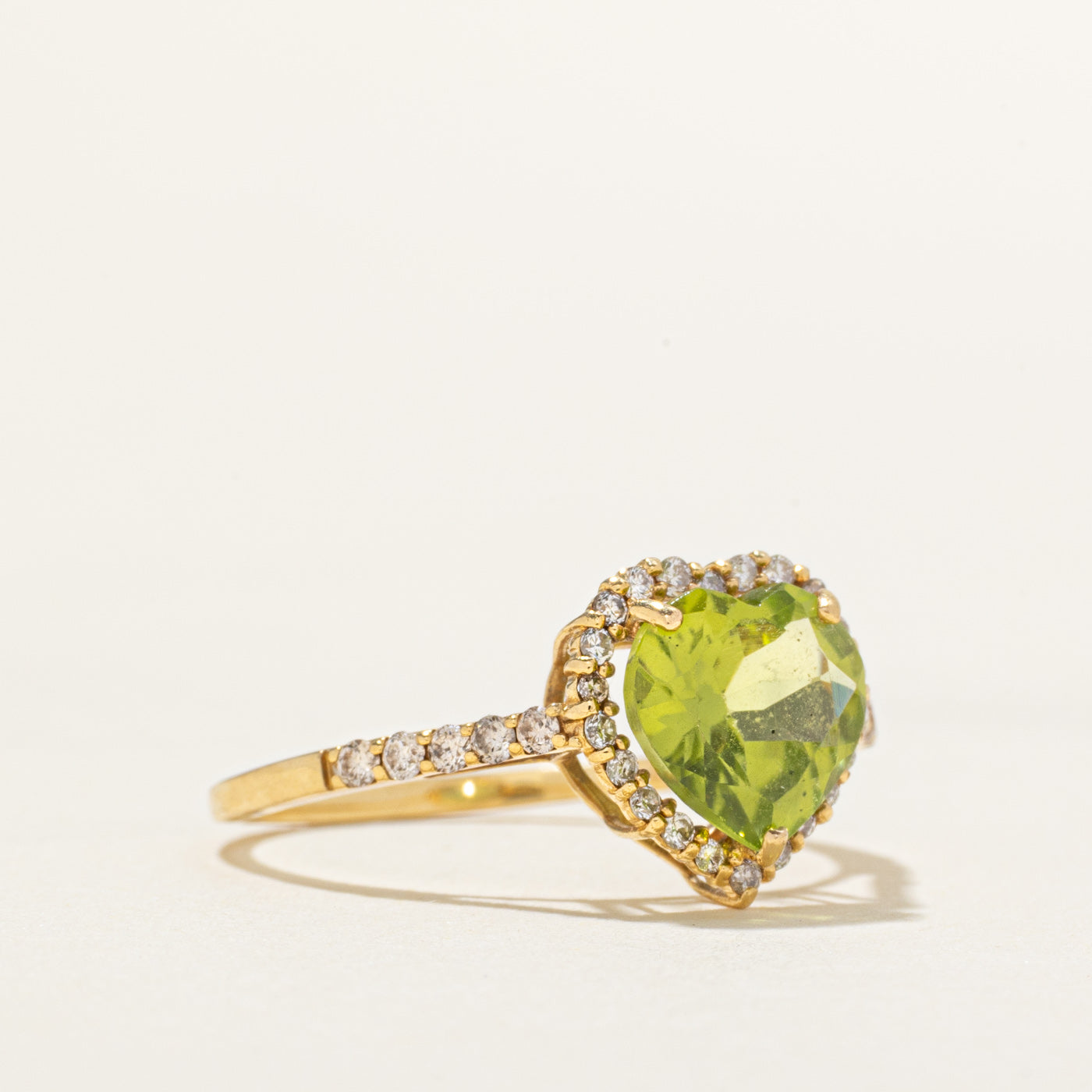 18k Heart Cut Peridot & Chocolate Diamond Halo Ring | 1.50ct, 0.22ctw | SZ 7