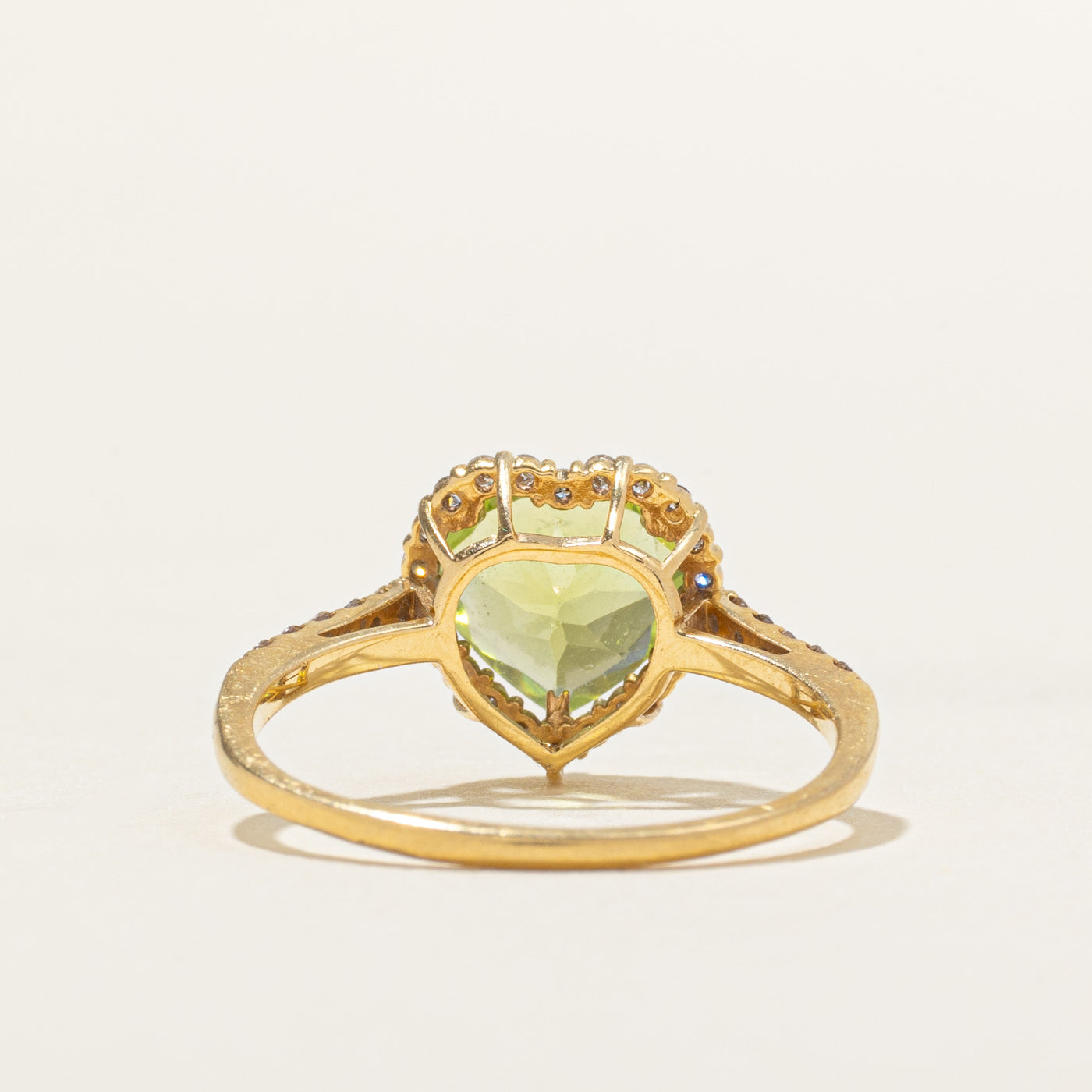 18k Heart Cut Peridot & Chocolate Diamond Halo Ring | 1.50ct, 0.22ctw | SZ 7