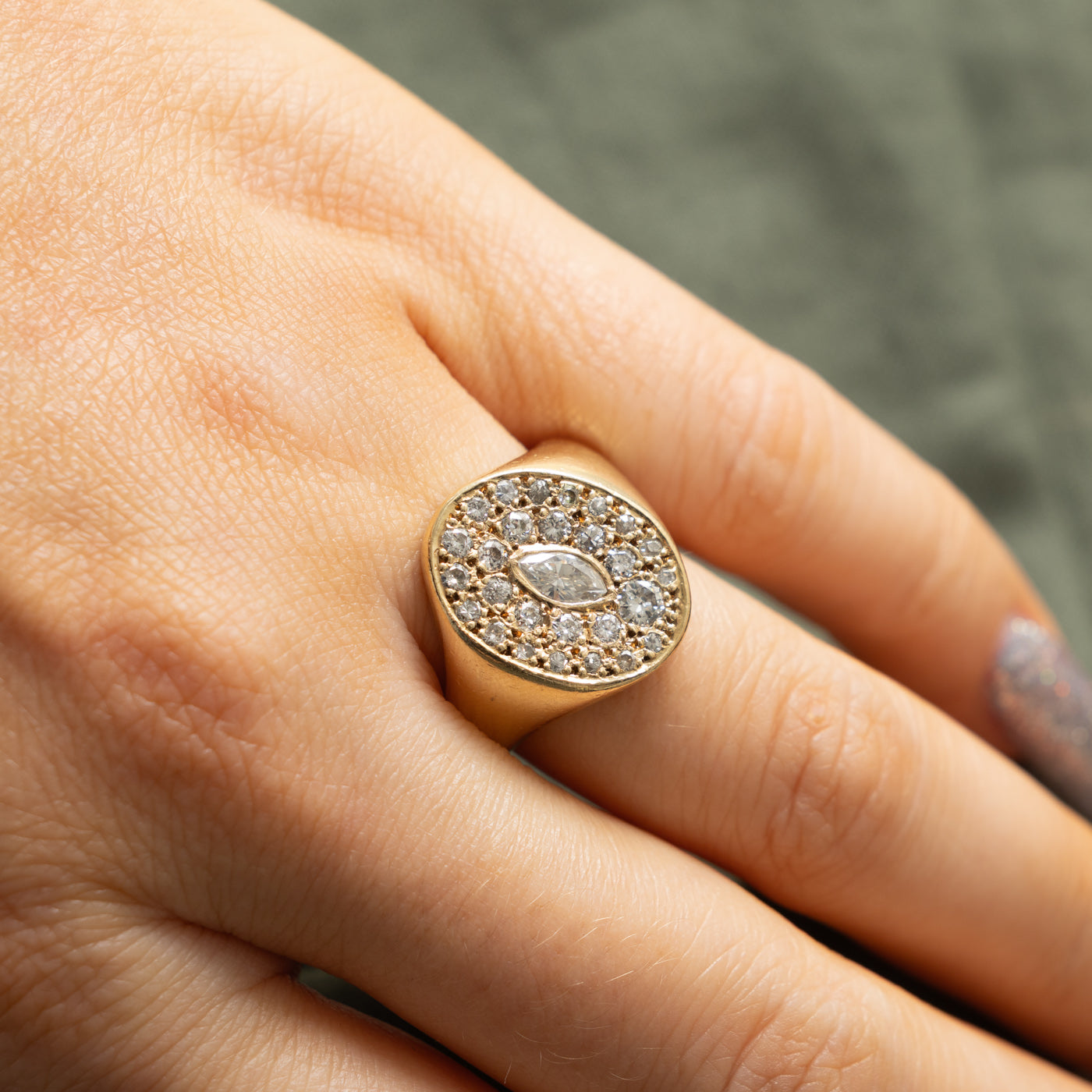10k Pave Set Marquise Cut Diamond Cluster Signet Ring | 0.79ctw | SZ 8.75