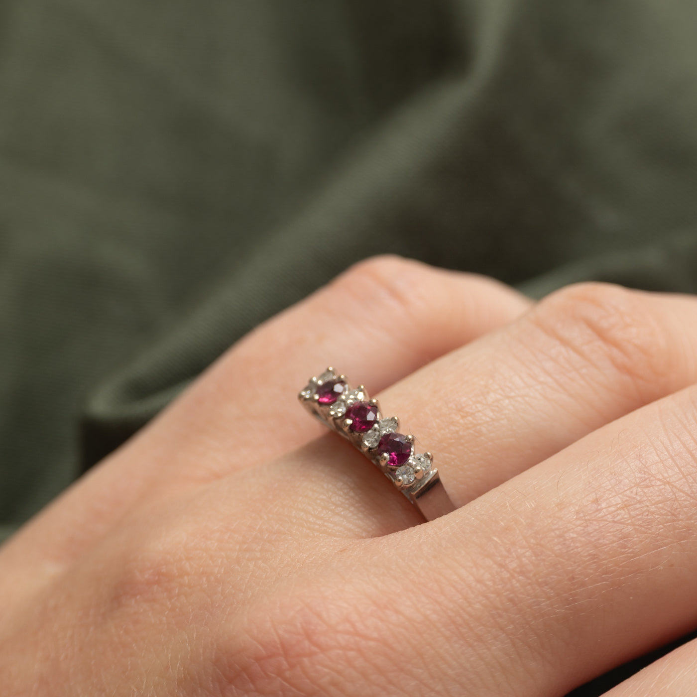 18k Three Stone Ruby & Diamond Ring | 0.36ctw, 0.14ctw | SZ 6.25