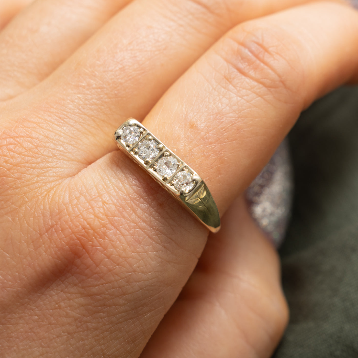 Four Stone Diamond Engraved Panel Ring | 0.68ctw | SZ 9.5