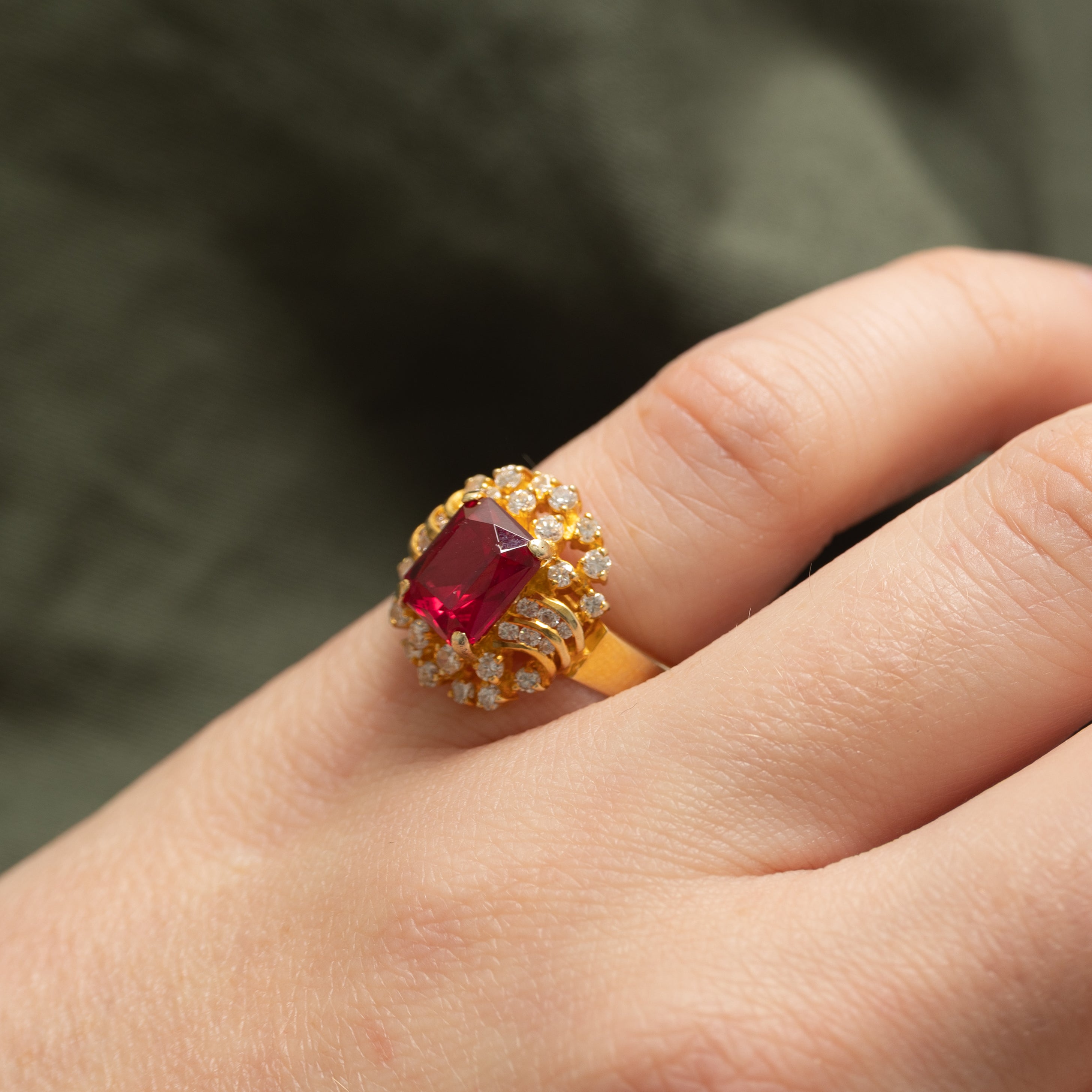 Synthetic Ruby & Natural Diamond Halo Cocktail Ring | 1.56ct, 0.38ctw | SZ 4.5 |