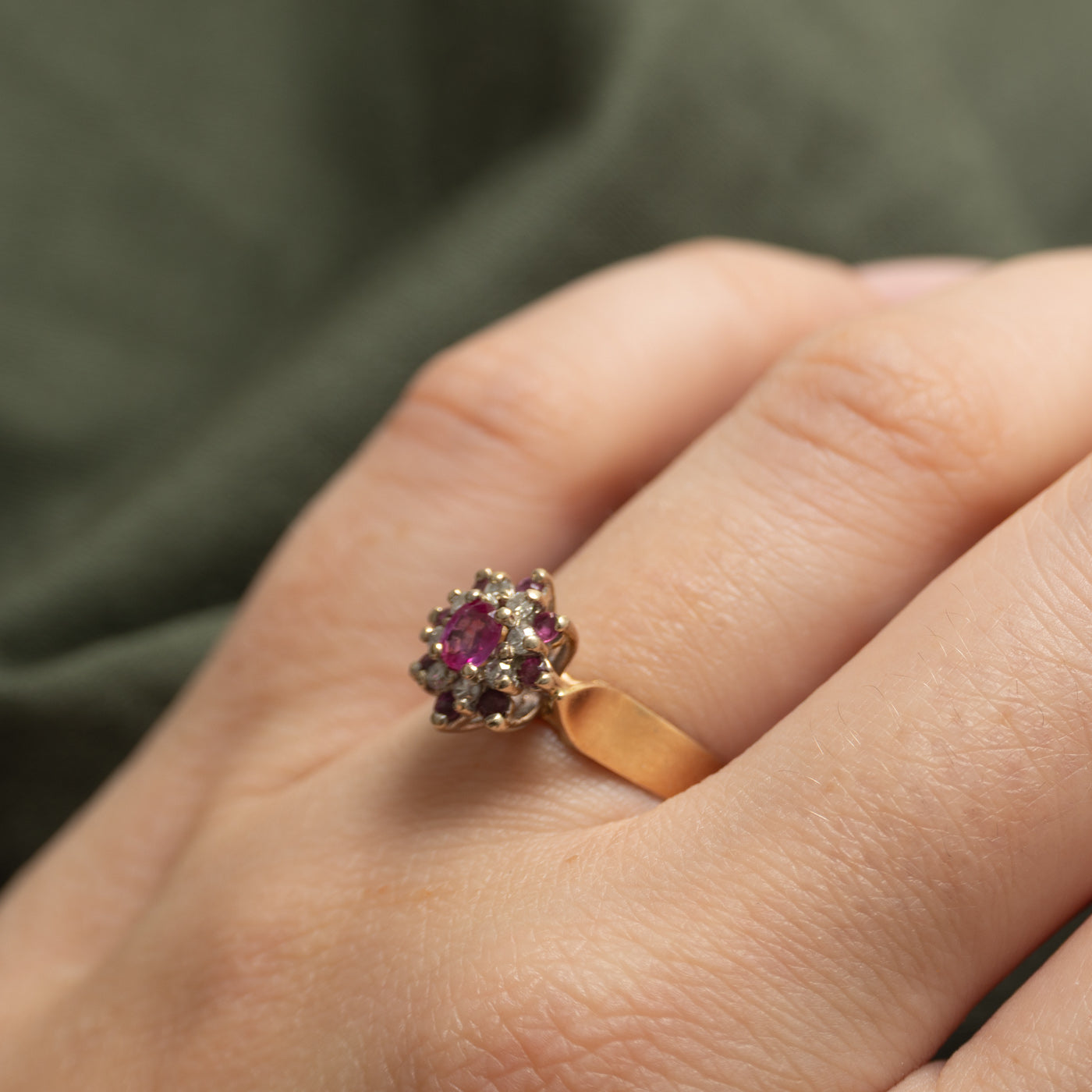 Oval Cut Ruby & Diamond Cluster Cocktail Ring | 0.40ctw, 0.10ctw | SZ 6.5