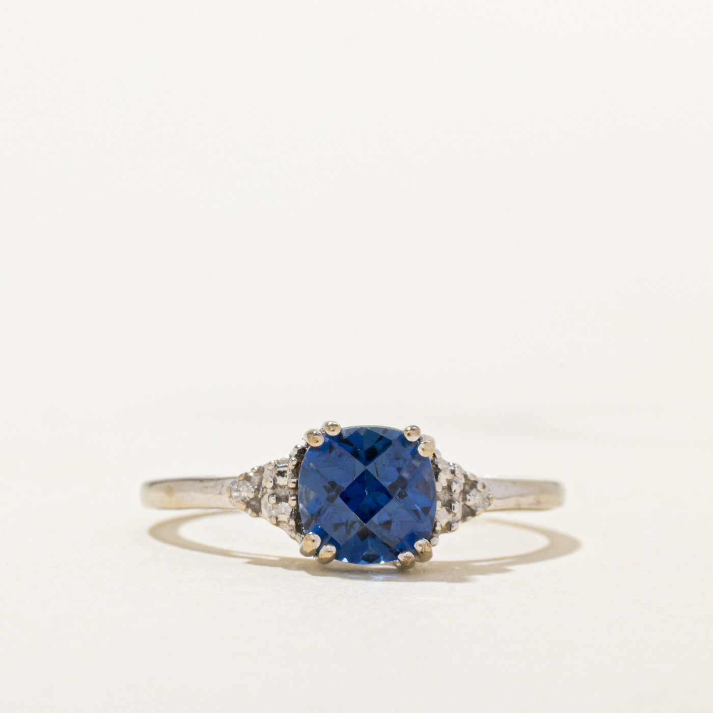 Cushion Cut Synthetic Sapphire & Natural Diamond Ring | 1.25ct, 0.01ctw | SZ 6.5