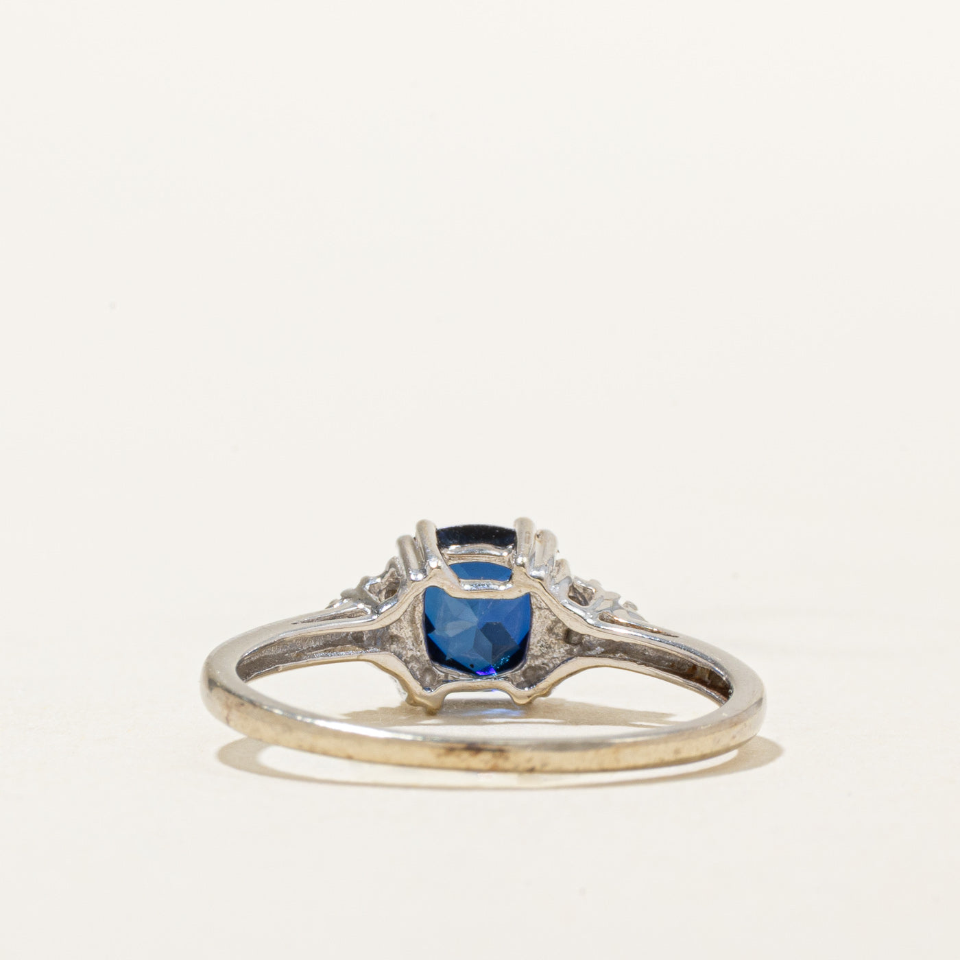 Cushion Cut Synthetic Sapphire & Natural Diamond Ring | 1.25ct, 0.01ctw | SZ 6.5