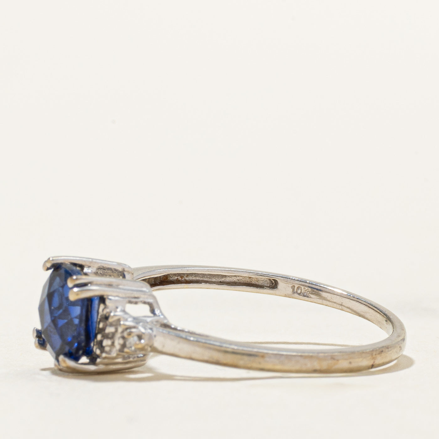 Cushion Cut Synthetic Sapphire & Natural Diamond Ring | 1.25ct, 0.01ctw | SZ 6.5