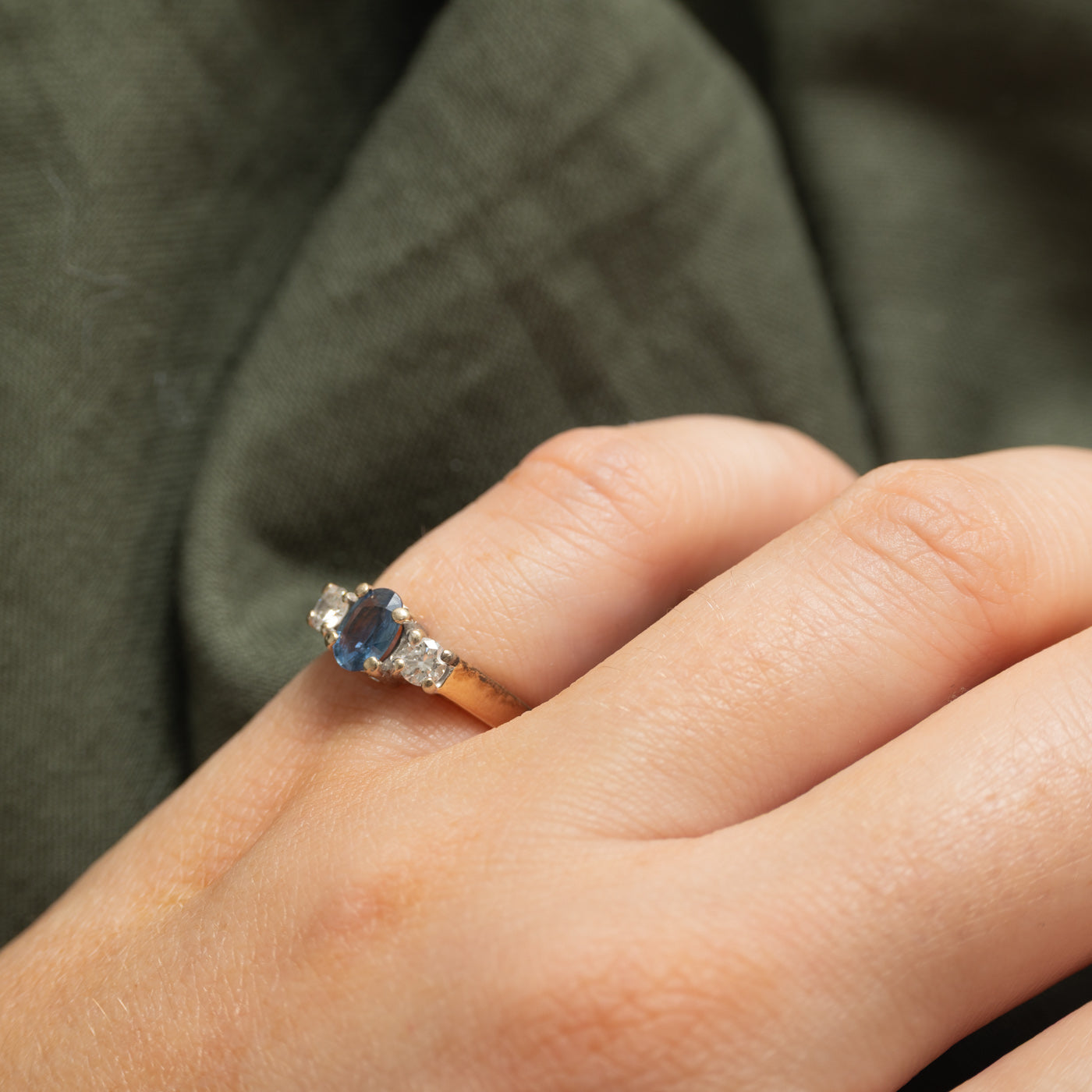 Three Stone Oval Cut Sapphire & Diamond Ring | 0.54ct, 0.24ct | SZ 3.5