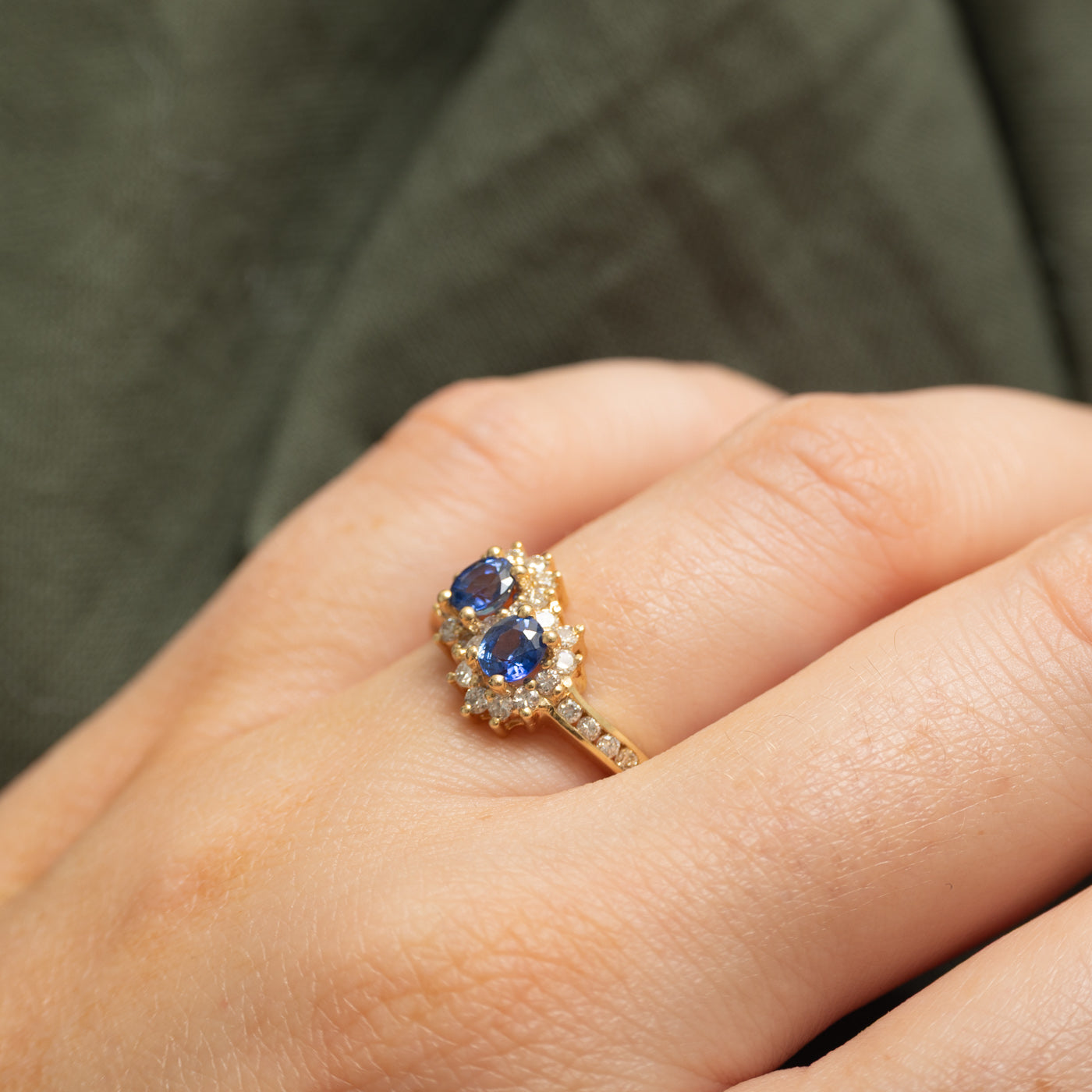 18k Two Stone Sapphire & Diamond Petal Halo Bypass Ring | 0.64ctw, 0.38ctw | SZ 6