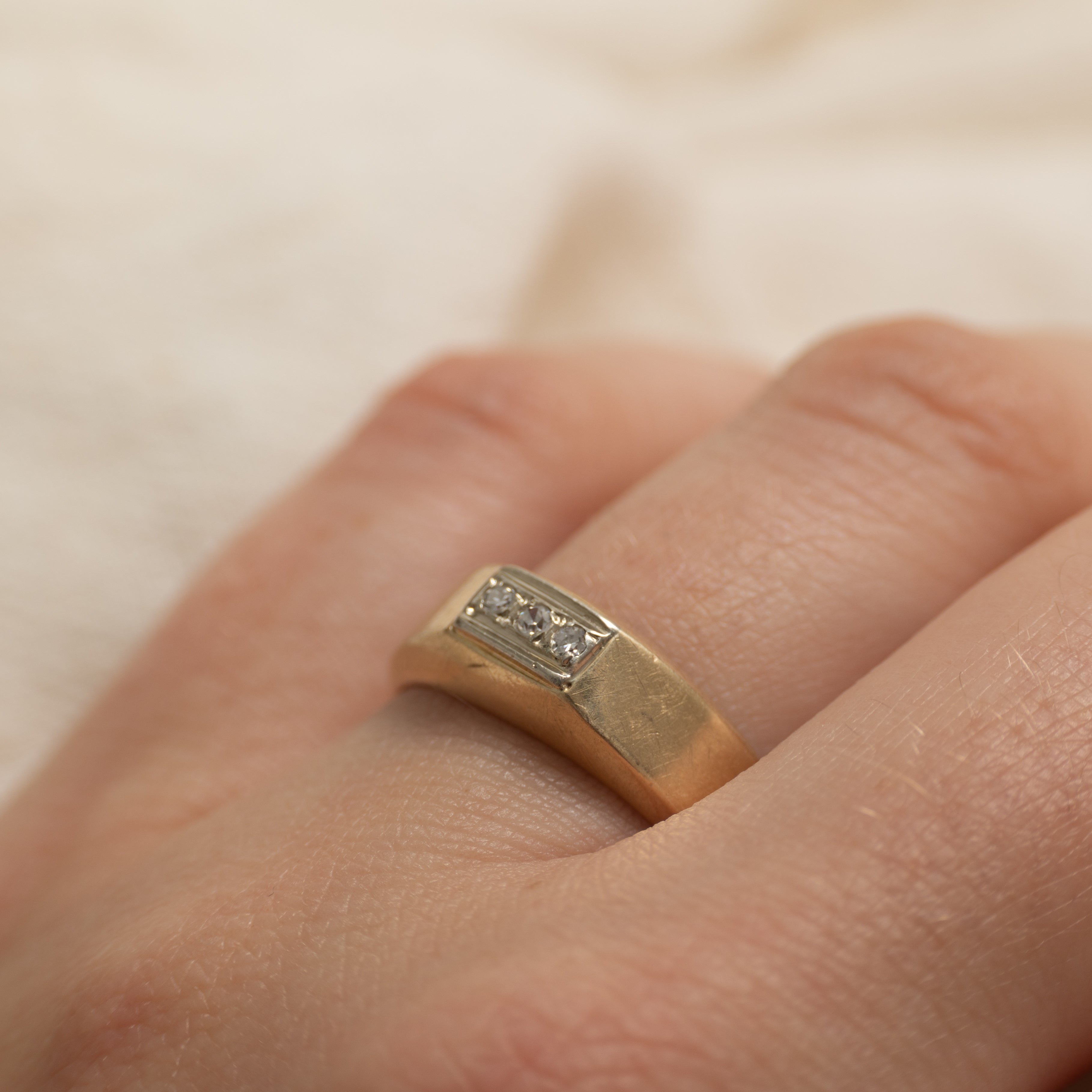 Three Stone Diamond Signet Ring | SZ 8