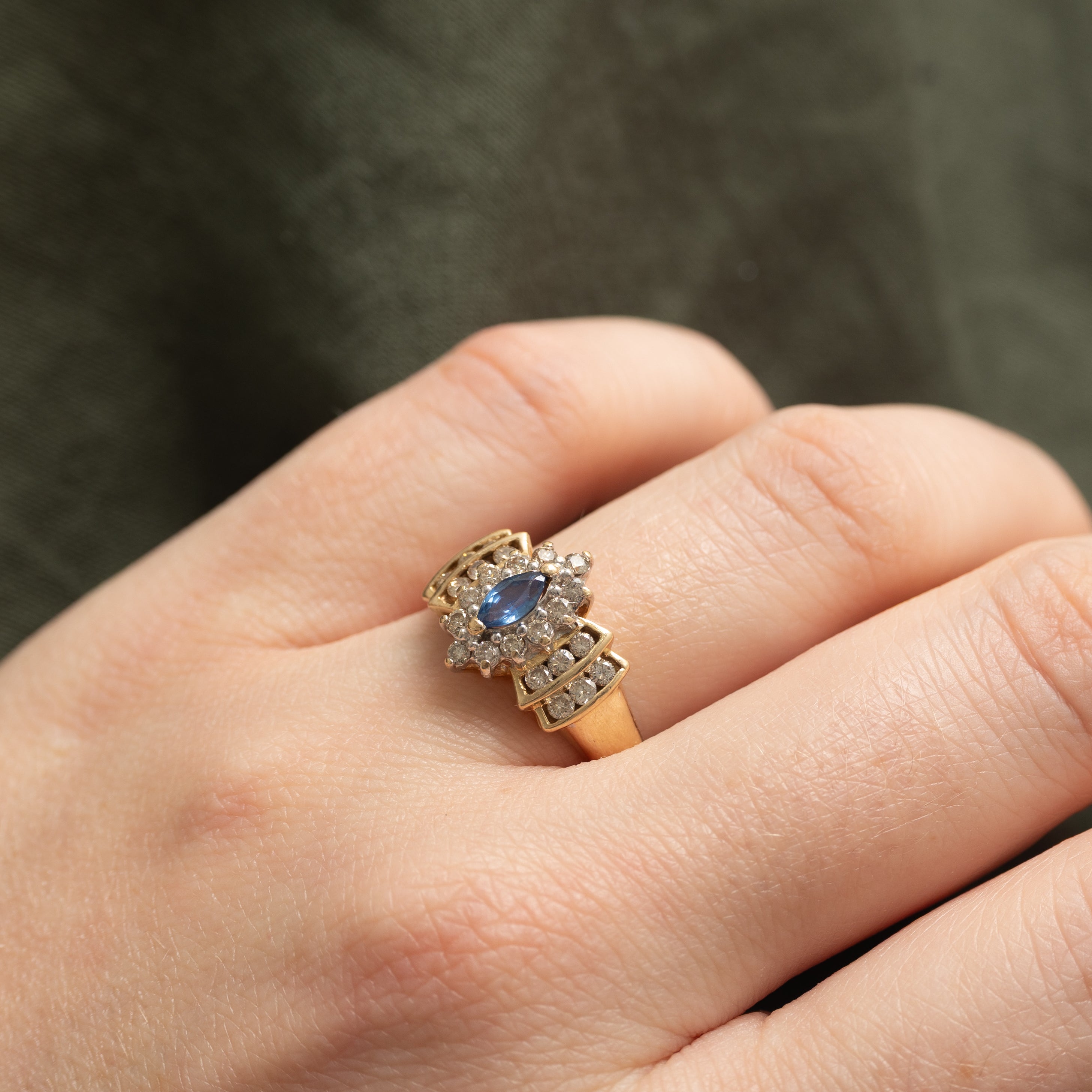 Marquise Cut Sapphire & Diamond Petal Halo Ring | 0.22ct, 0.12ctw | SZ 7.5 |