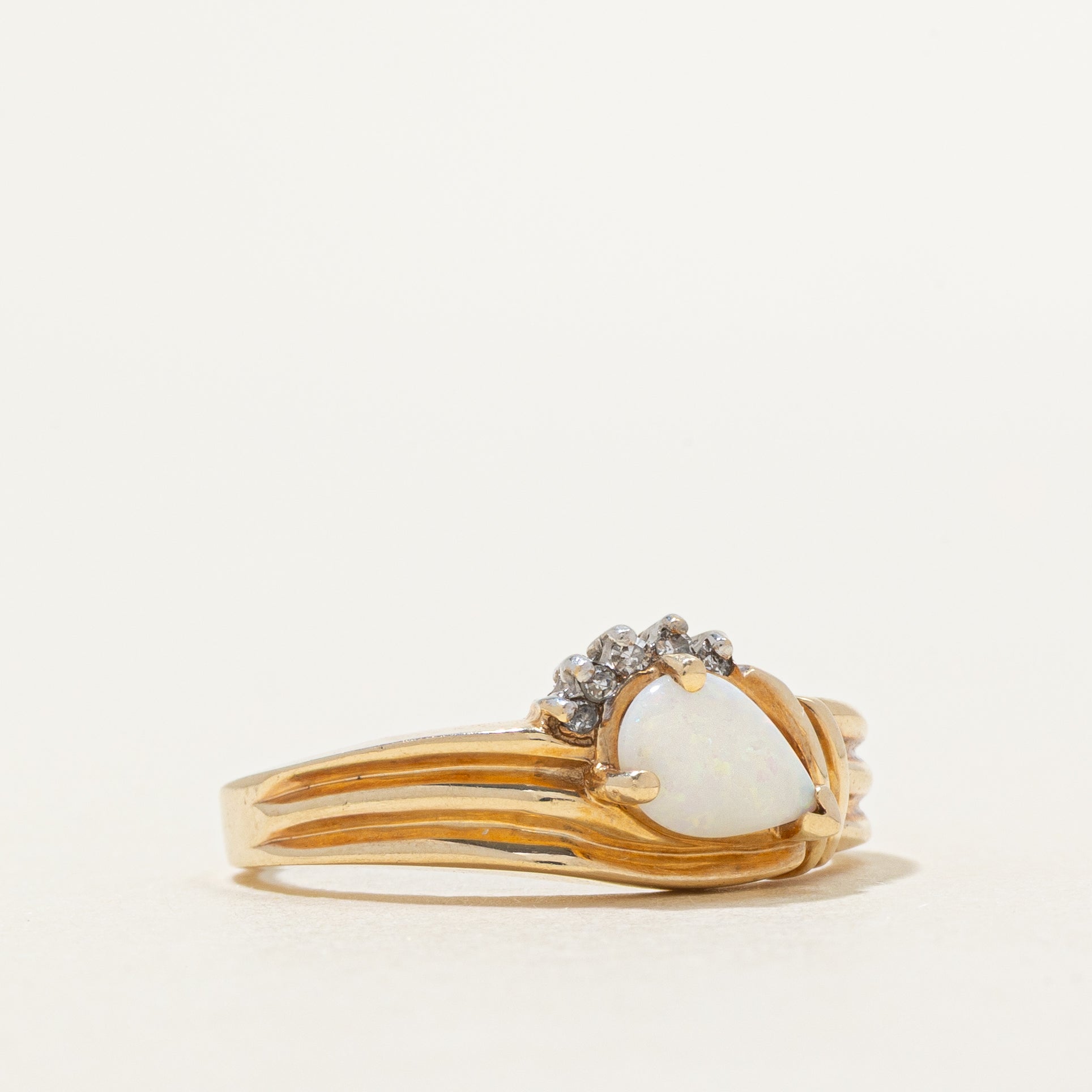 Pear Cut Opal & Diamond Grooved Ring | 0.19ct, 0.03ctw | SZ 7.25