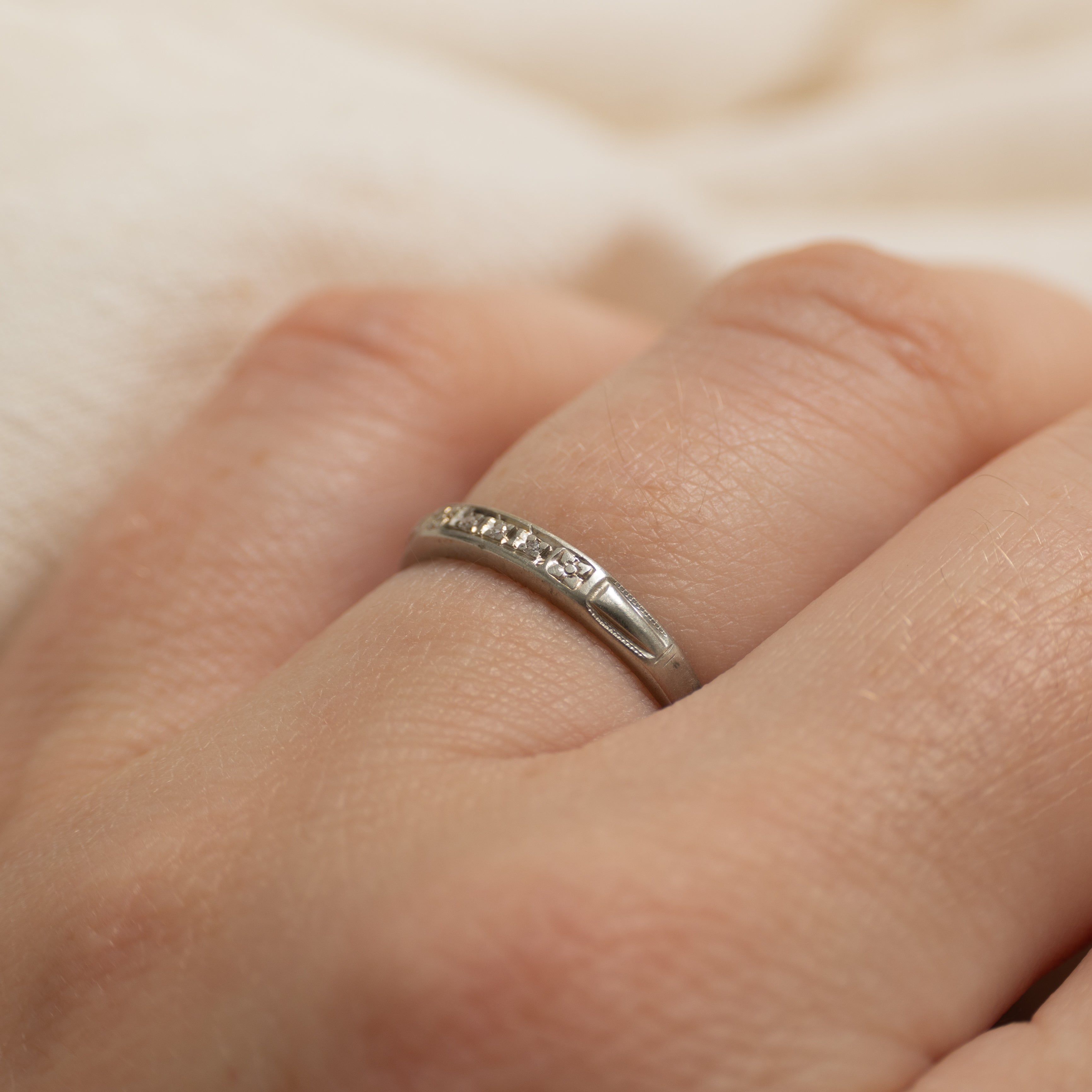 Three Stone Diamond Engraved Band | SZ 4.25