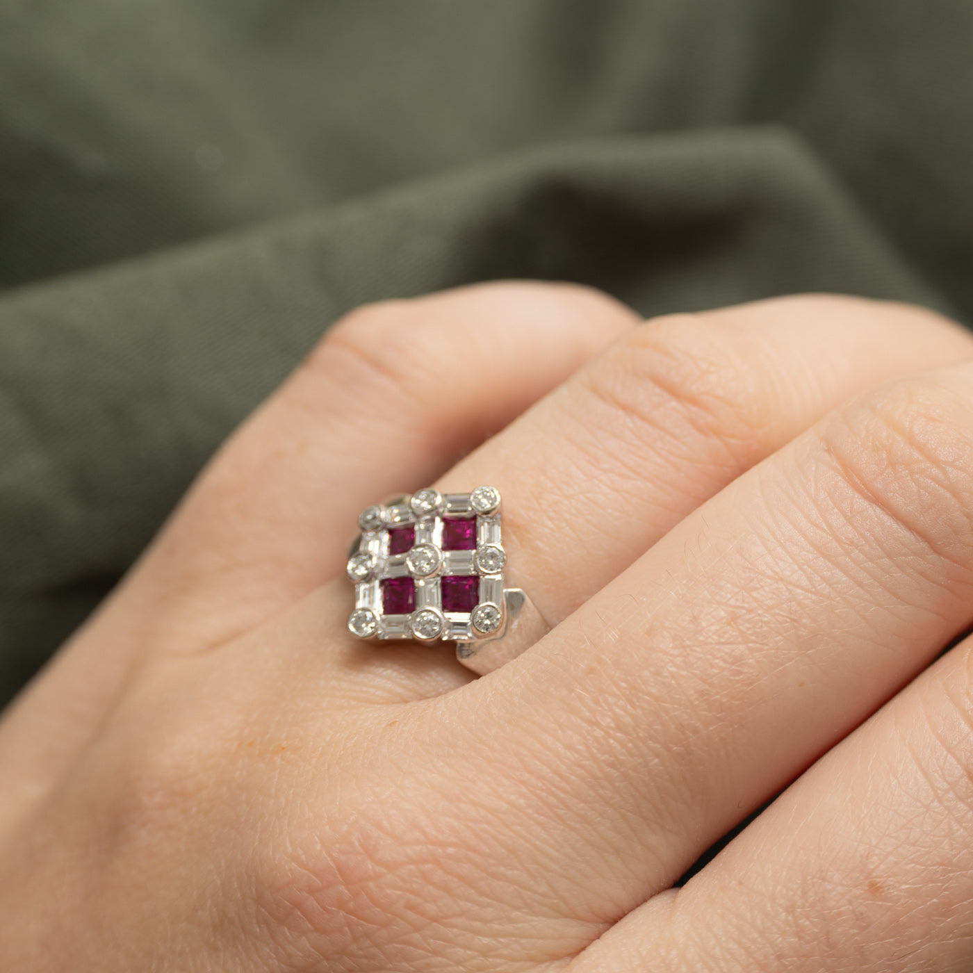 18k Bezel Set Ruby & Diamond Grid Ring | 0.46ctw, 0.60ctw | SZ 5.5