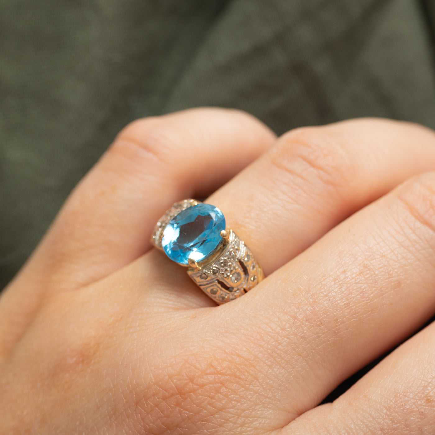 Oval Cut Blue Topaz & Diamond Accented Cocktail Ring | 2.86ct, 0.28ct | SZ 6.75