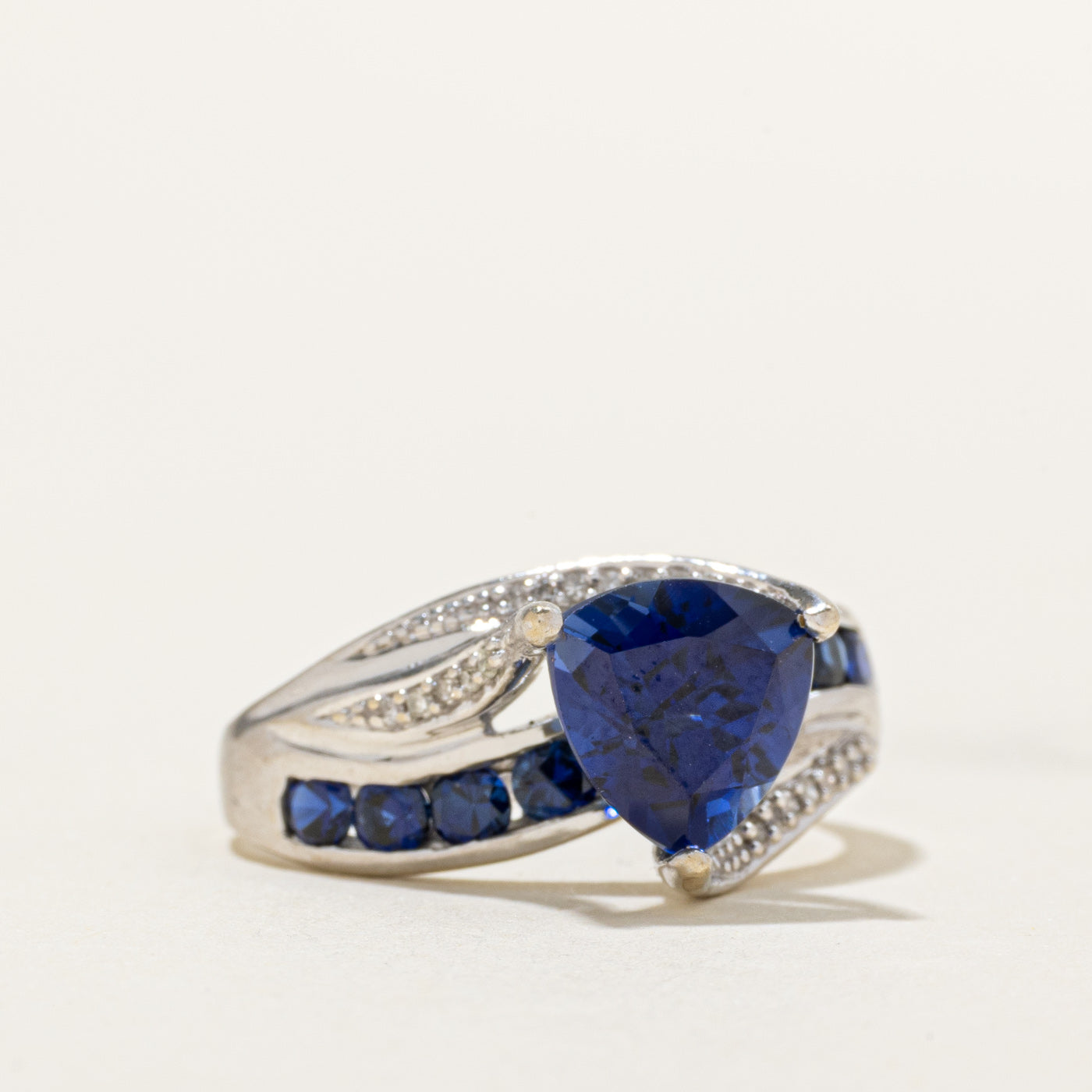 Solitaire Synthetic Sapphire & Diamond Bypass Ring | 3.84ctw, 0.06ctw | SZ 6.75