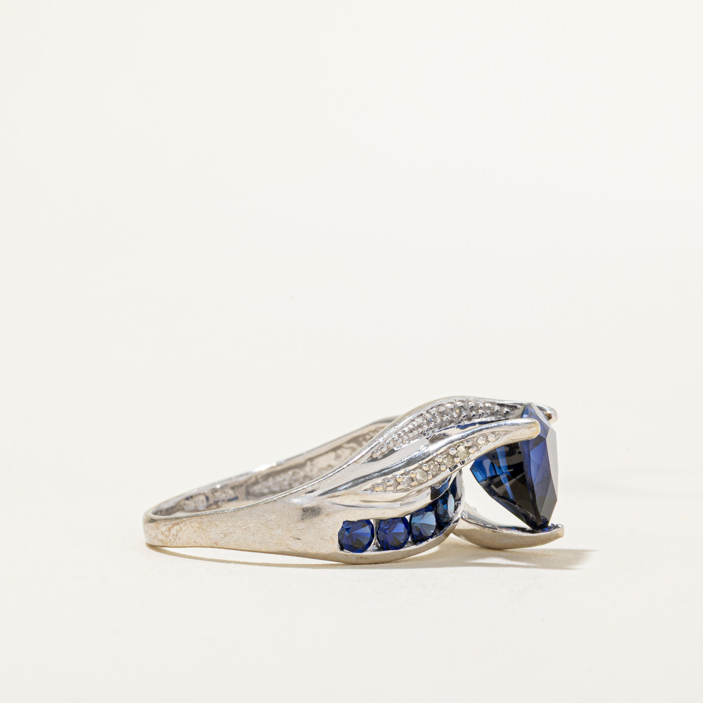 Solitaire Synthetic Sapphire & Diamond Bypass Ring | 3.84ctw, 0.06ctw | SZ 6.75