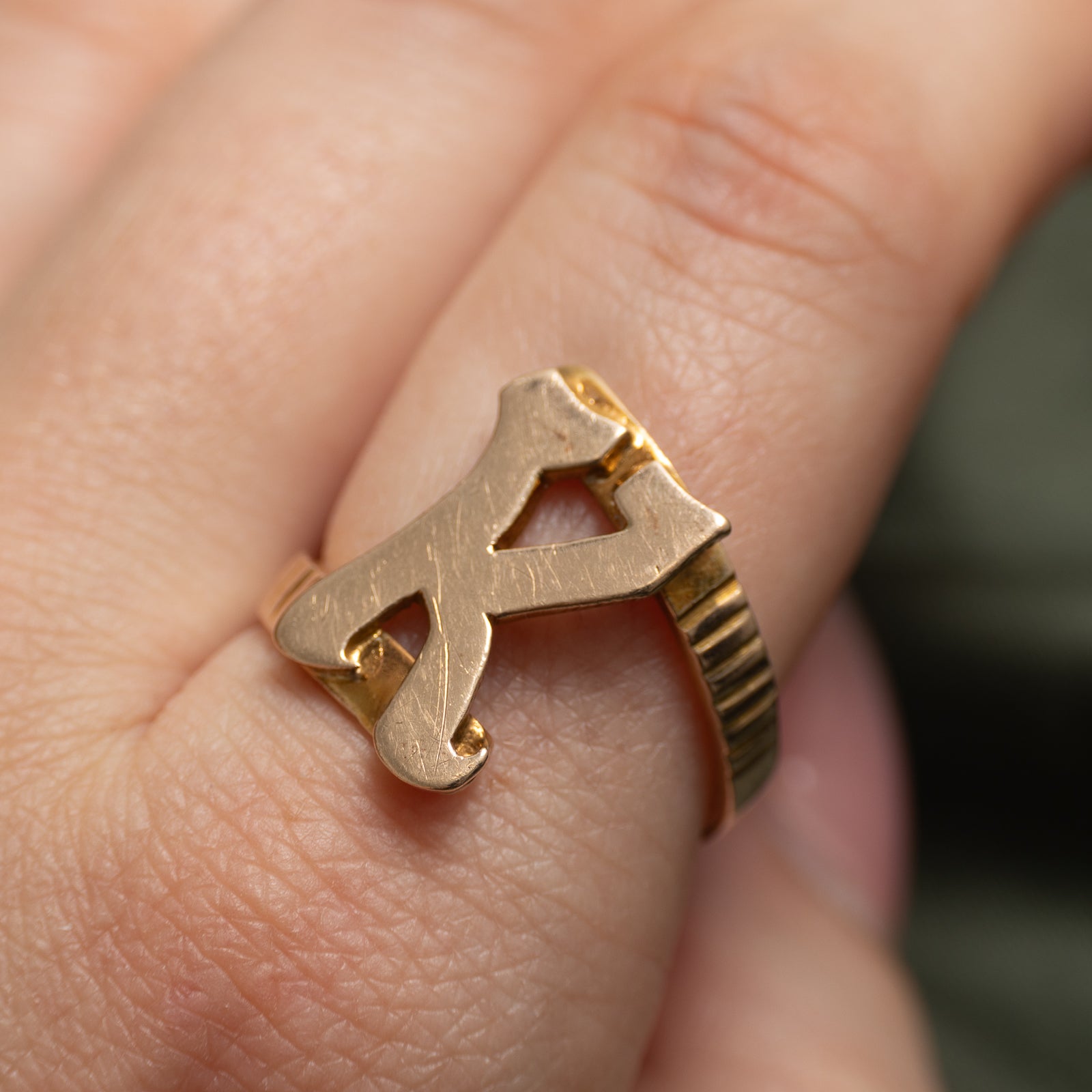 14k Yellow Gold "K" Initial Fluted Bypass Ring | SZ 8.25