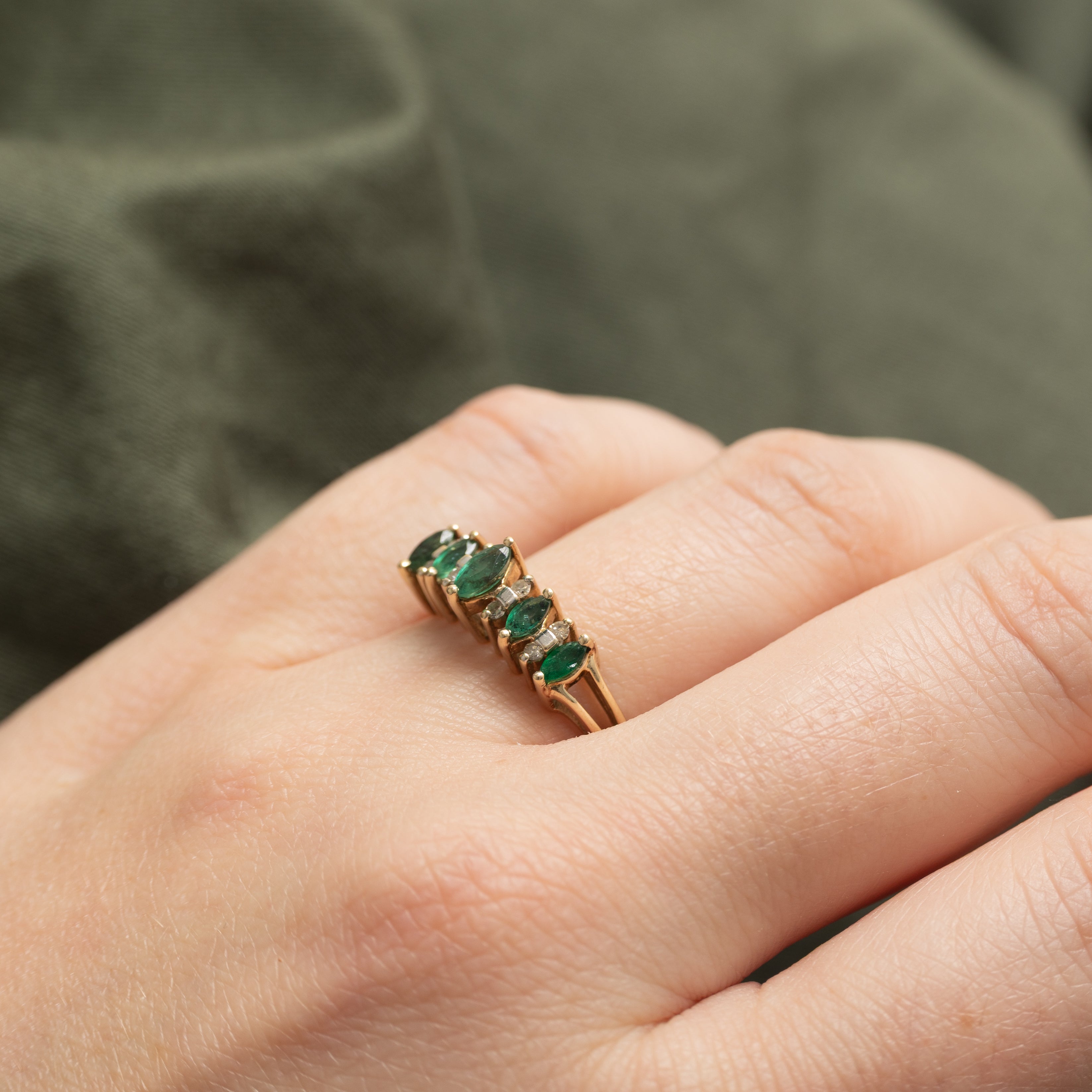 Five Stone Marquise Cut Emerald & Diamond Ring | 0.5ctw, 0.08ctw | SZ 7.0 |